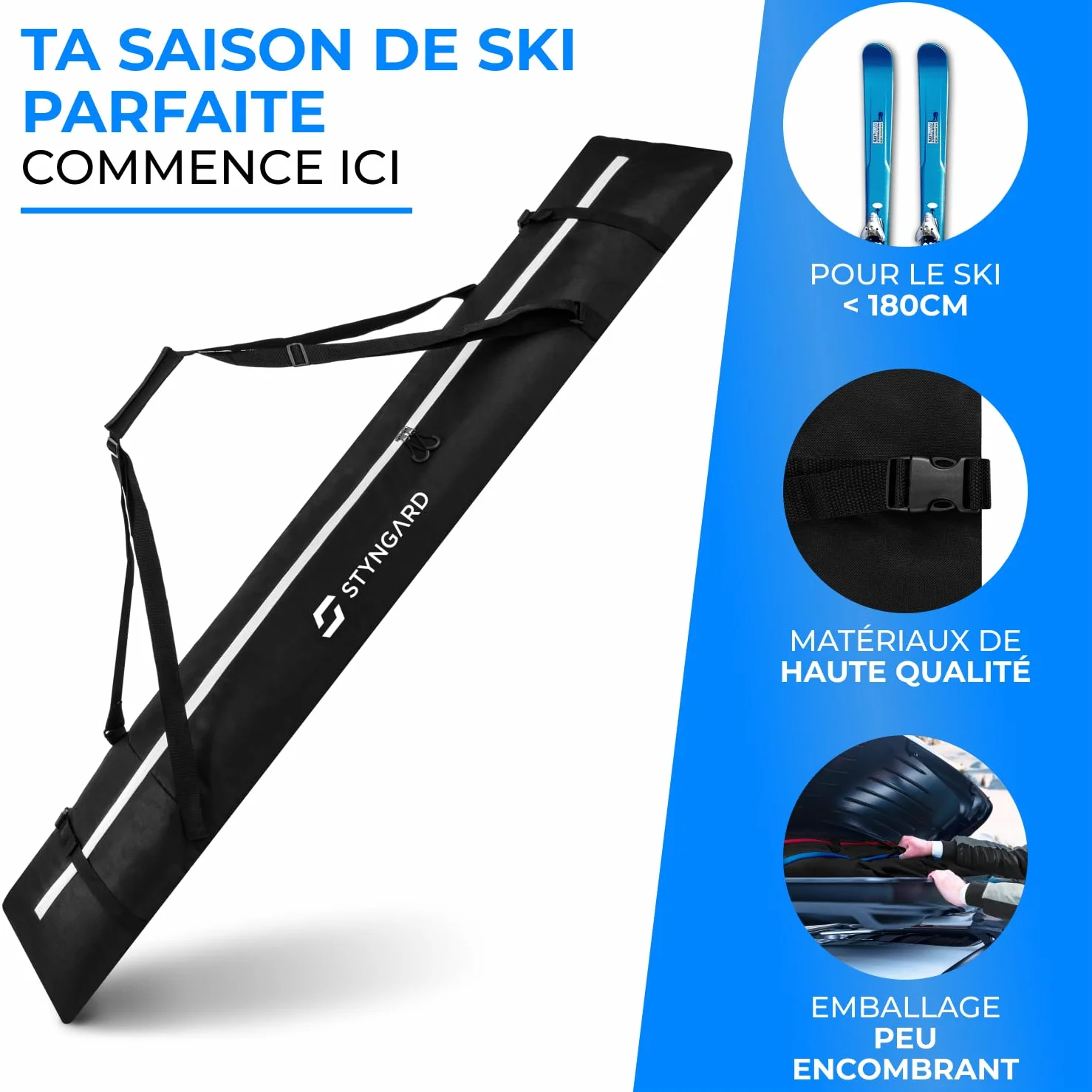 STYNGARD Housse à Skis 180 cm Sac à Skis Robuste Fermetures éclair Modèle Aspen