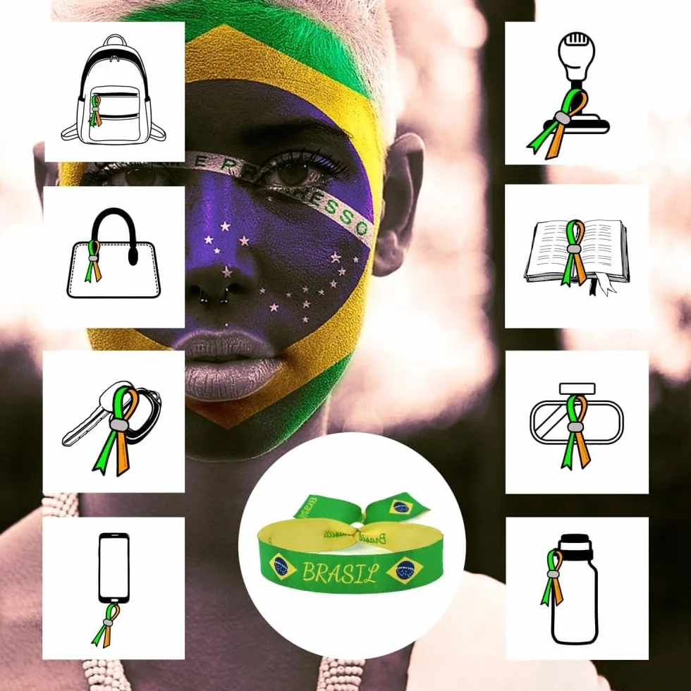 Bracelet en tissu drapeau du Brésil réglable vert-jaune