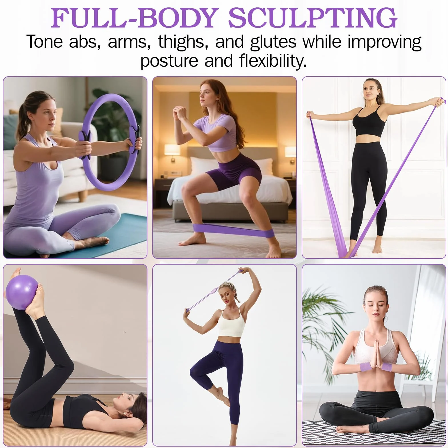 Kit Pilates Maison Femmes, Ensemble Pilates & Yoga Essentiel avec Anneau, Ballon, Bandes de Résistance
