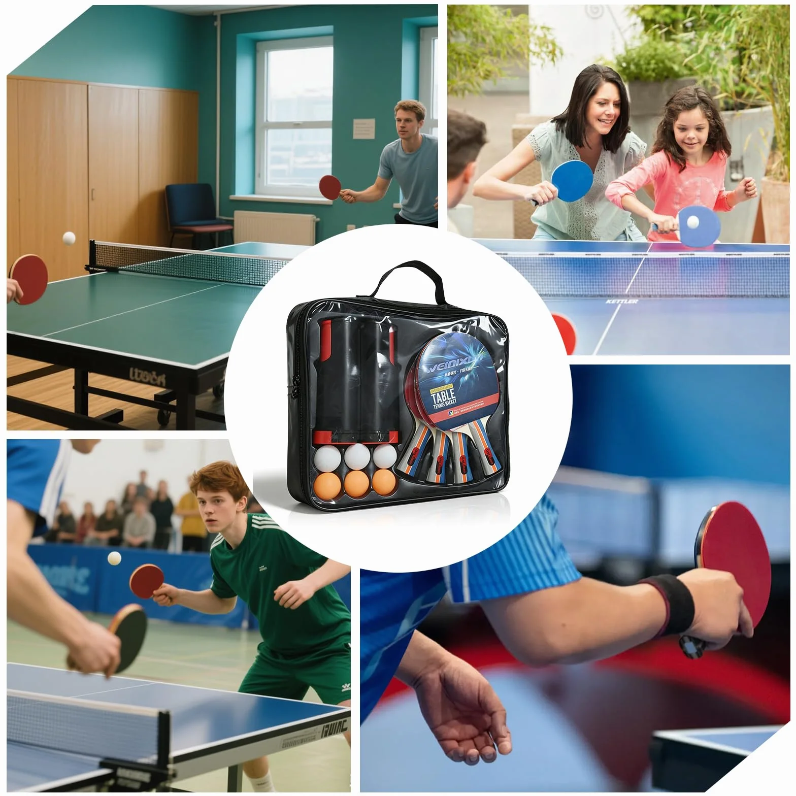 Set de Tennis de Table 4 Raquettes + 1 Filet Rétractable + 10 Balles + Sac de Transport Ping-Pong