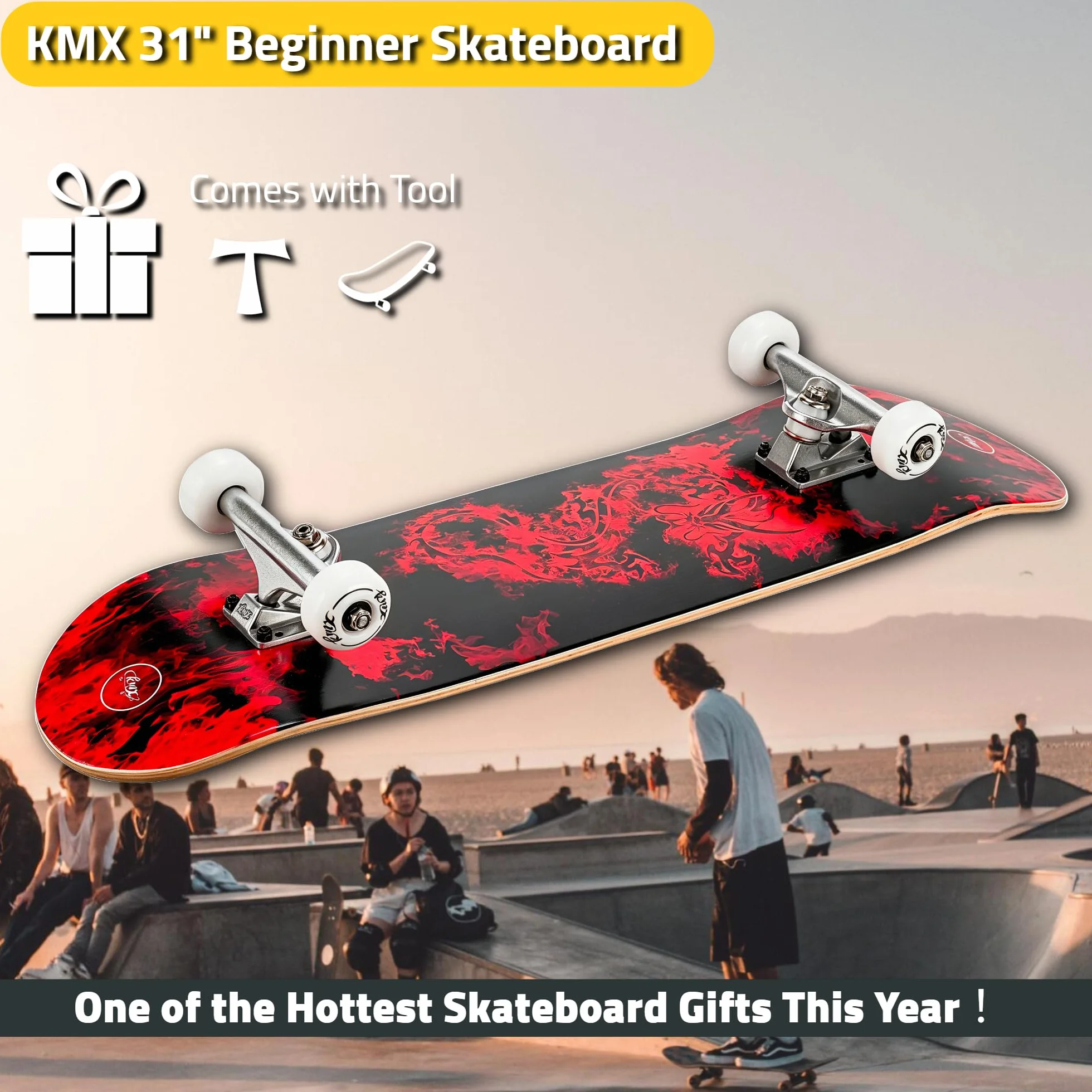 Skateboard pour Débutants, Plateau Concave Double Queue en Érable Canadien 7 Couches, Trucks Alliage d'Aluminium