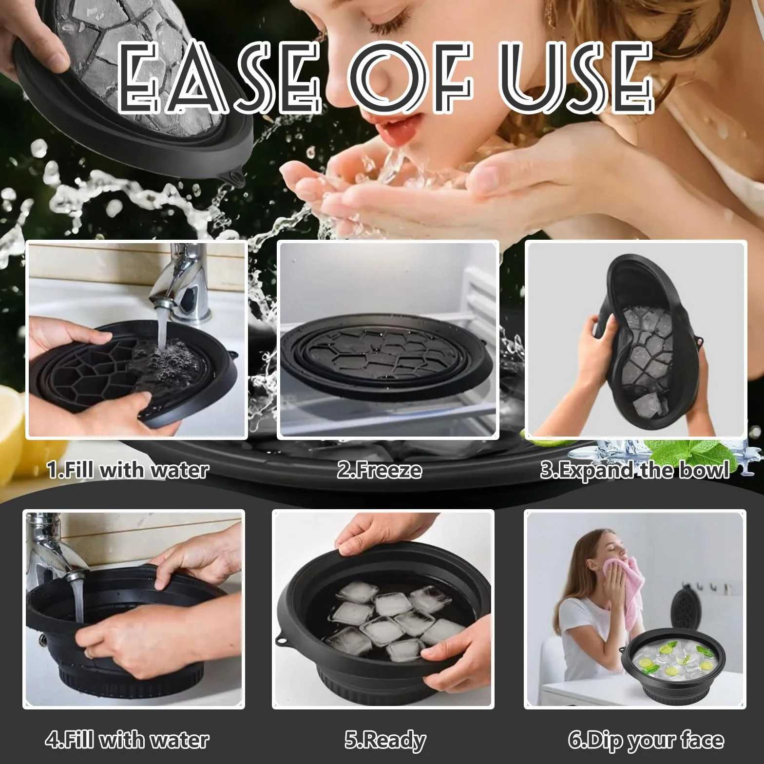 Bol pour Glace avec Compartiment à Glace intégré, Silicone Pliable, Bol de plongée pour Visage, raffermir Peau, soulager acné (Noir)