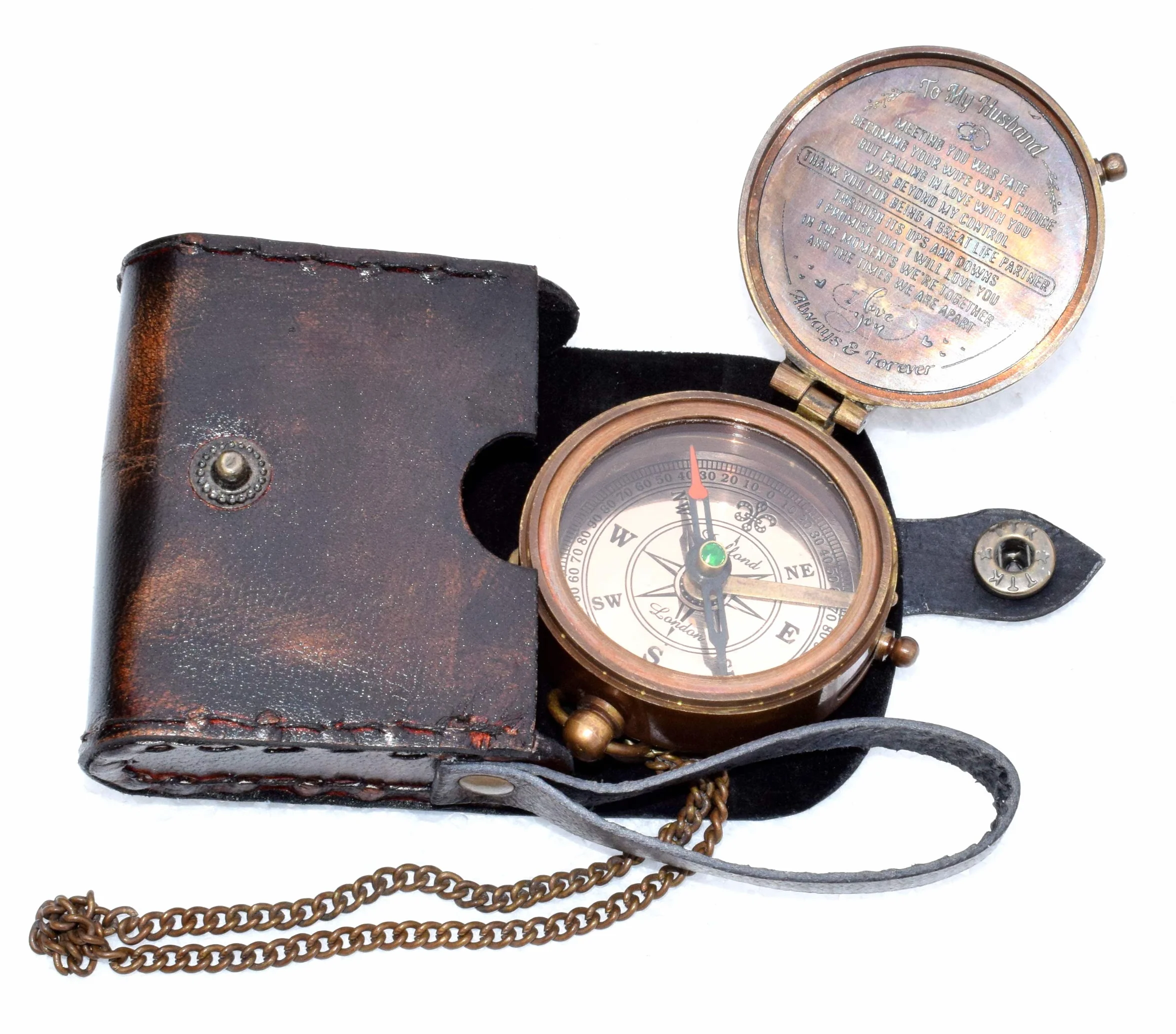 Boussole magnétique directionnelle vintage antique avec citation célèbre des Écritures gravées Cadeau de baptême étui en cuir ou bois