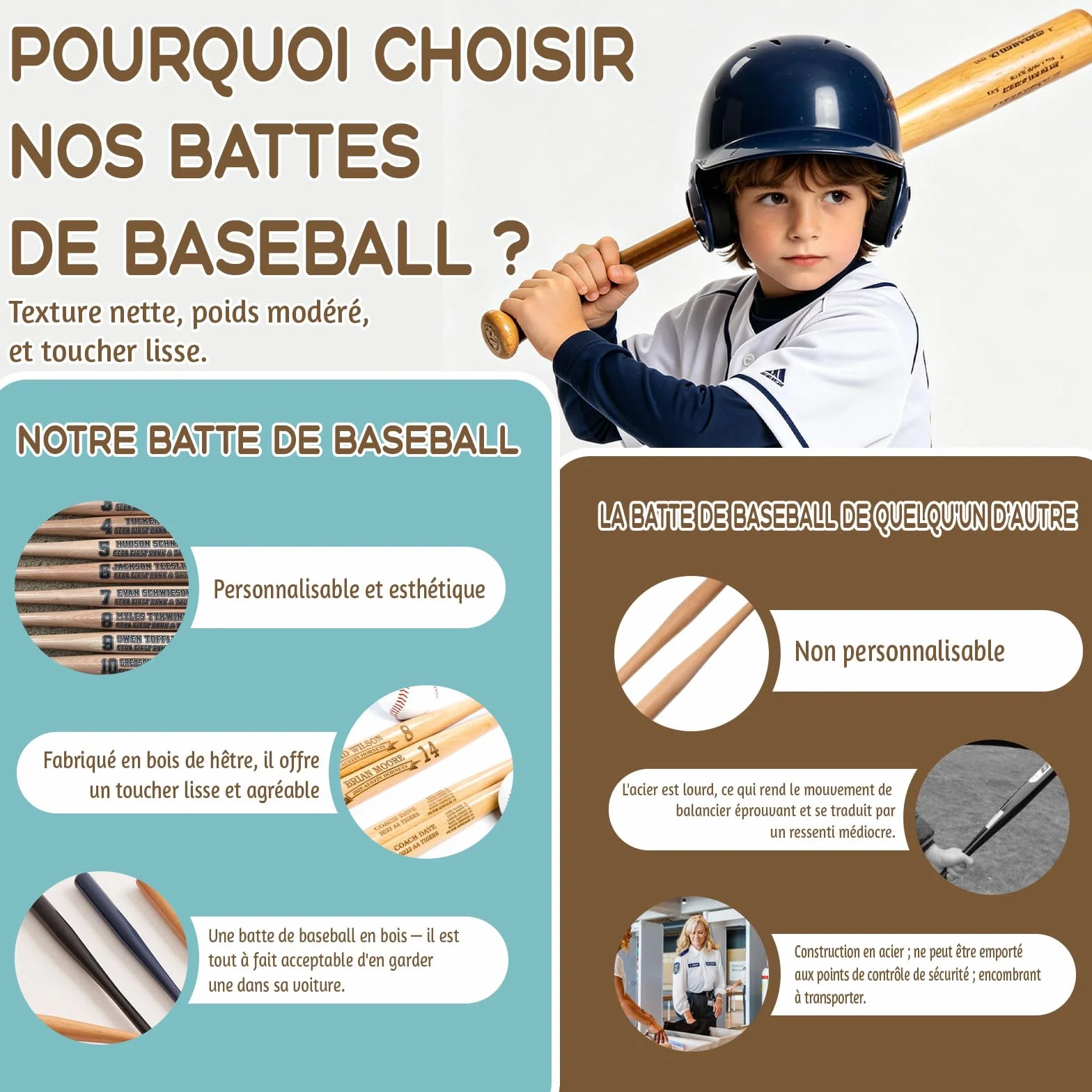 Mini Batte de Baseball Personnalisée 18 Pouces – Gravure Nom, Numéro & Logo, Petit Batte en Bois Cadeau Little League