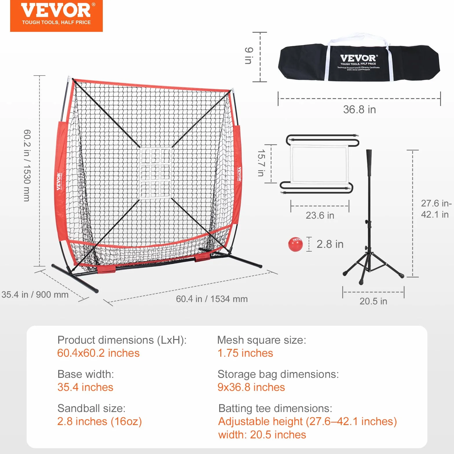VEVOR Filet d'entraînement Baseball 153.4 x 90 x 153 cm, Filet Pratique du Lancer Baseball & Softball en Polyester, avec Sac de Transport 600D, Rouge