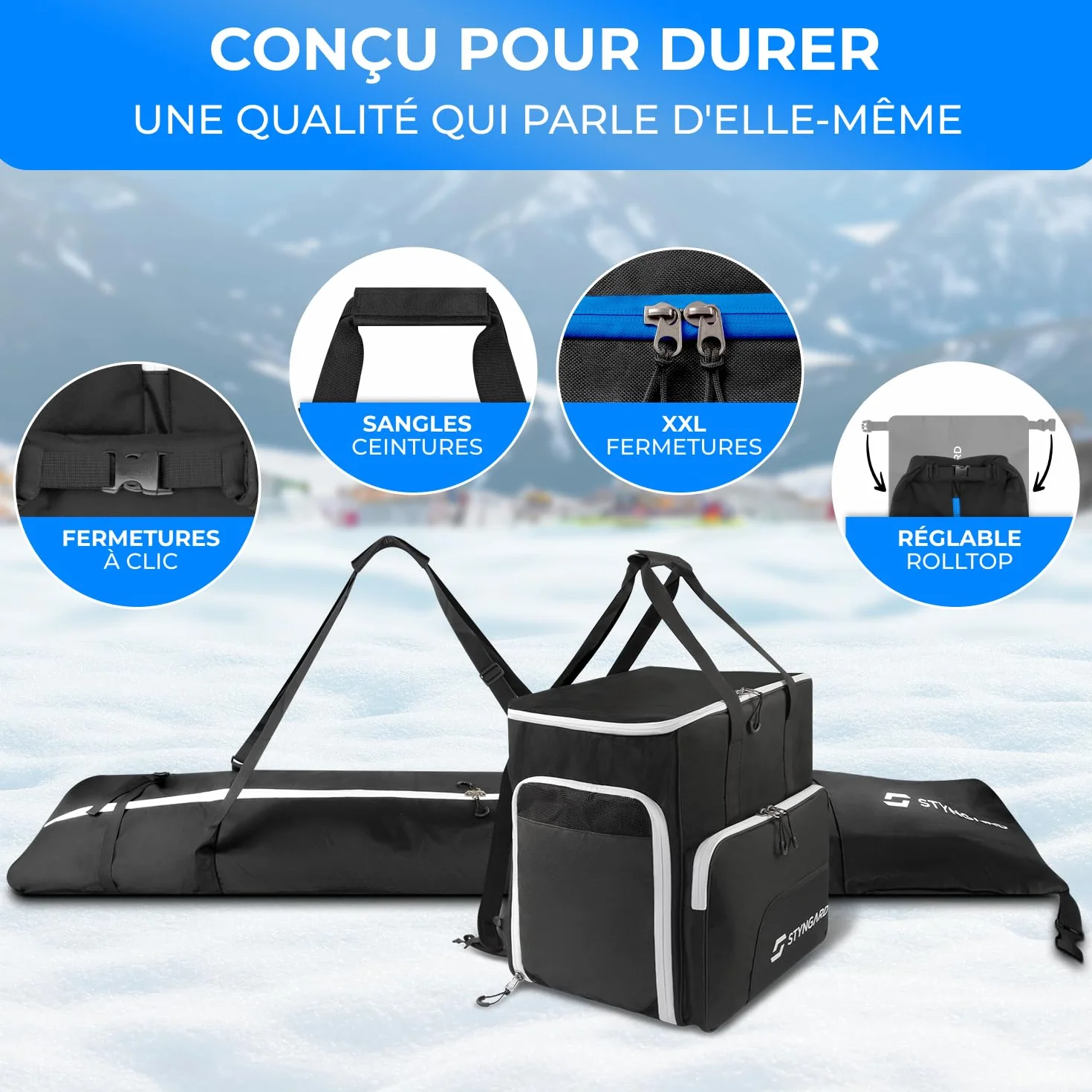 STYNGARD Set Double Sac de Ski pour 2 Paires de Skis 140-200 cm avec Sac à Chaussures de Ski et Compartiment Casque 54 L Modèle Salzburg