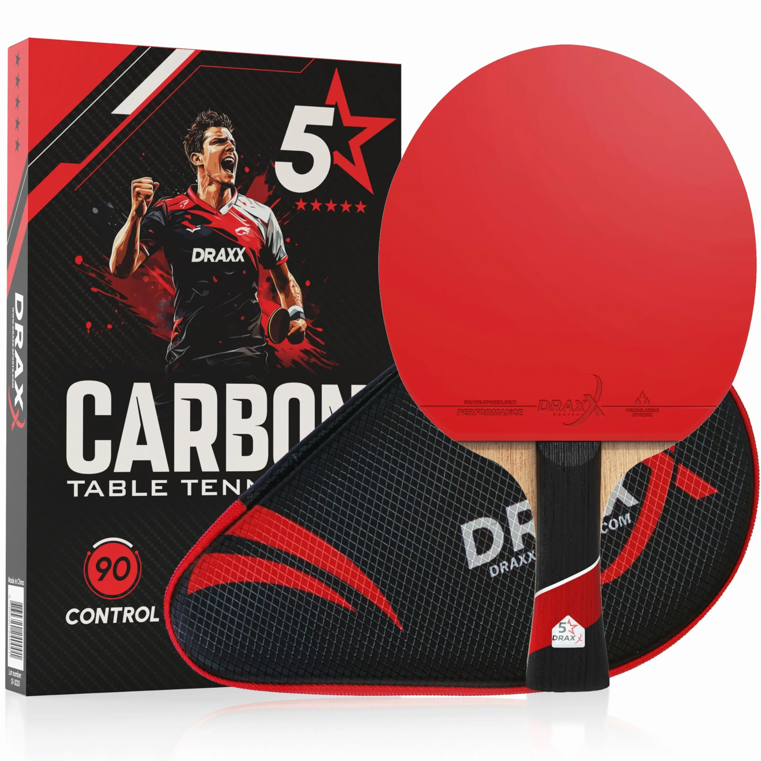 Raquette de Ping-Pong Carbone 5 Étoiles, Éponge 2mm, Légère et Rapide