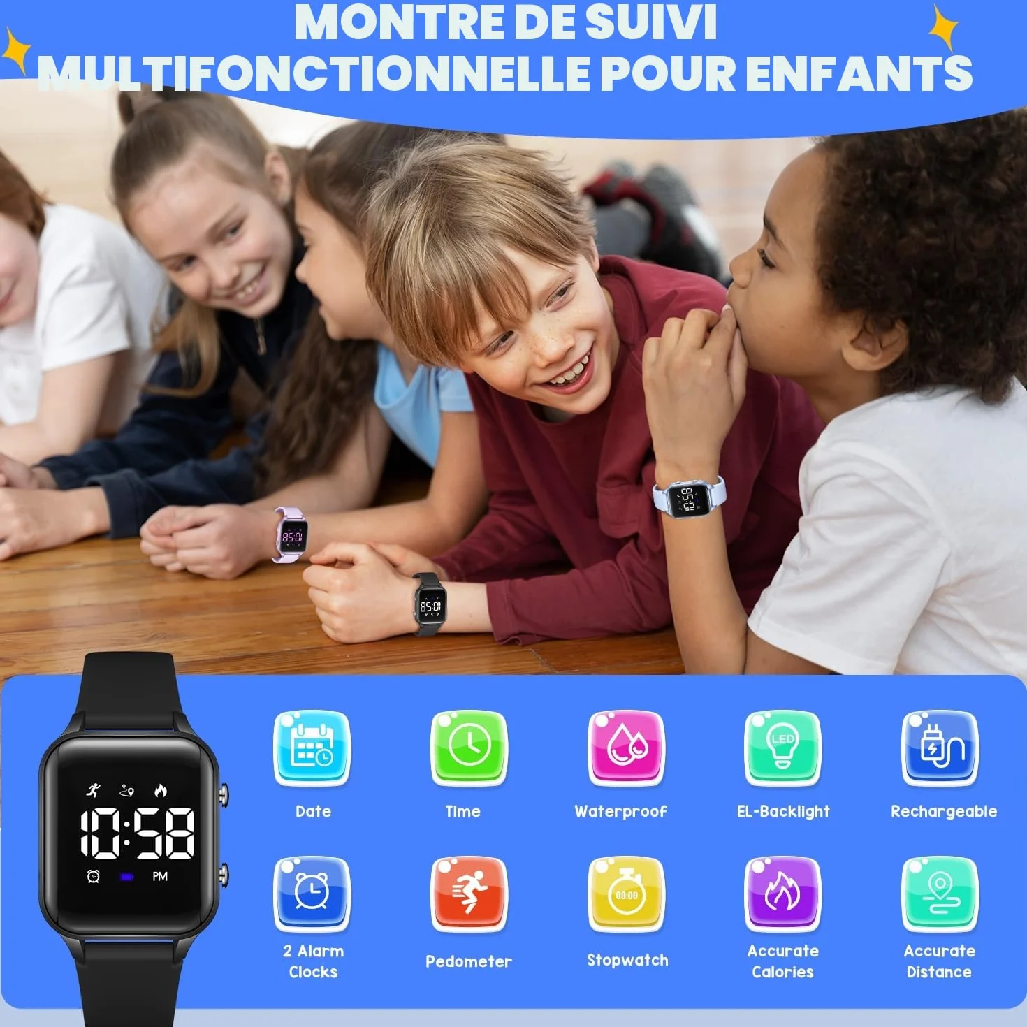Caprock Montre Numérique LED Podomètre Enfants étanche 50 ATM Digitale avec Distance Vibration Double réveil Chronomètre