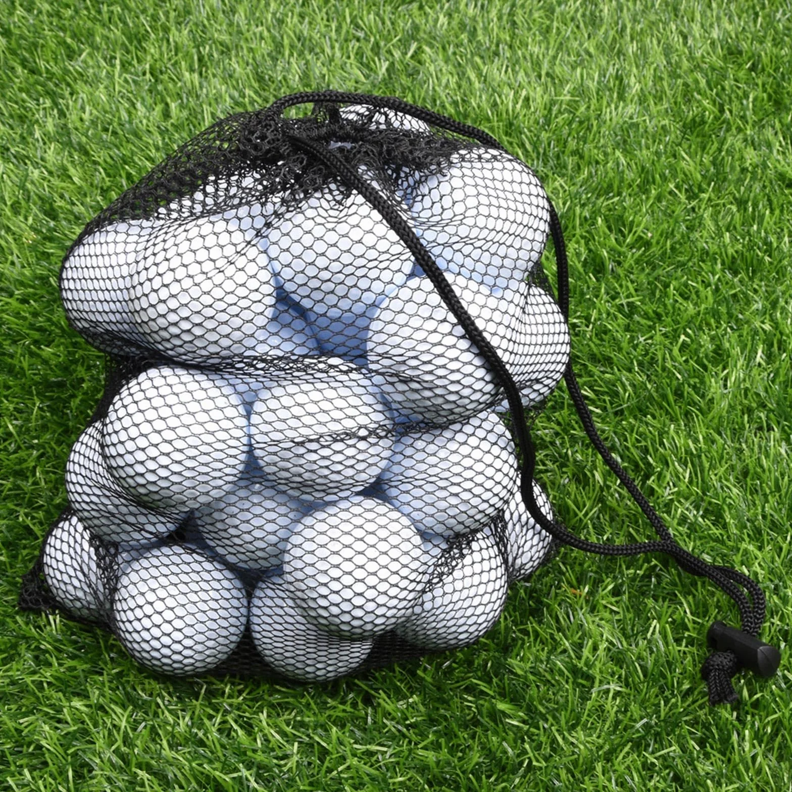 Sac de balle de golf noir en maille nylon solide et légère avec cordon de serrage