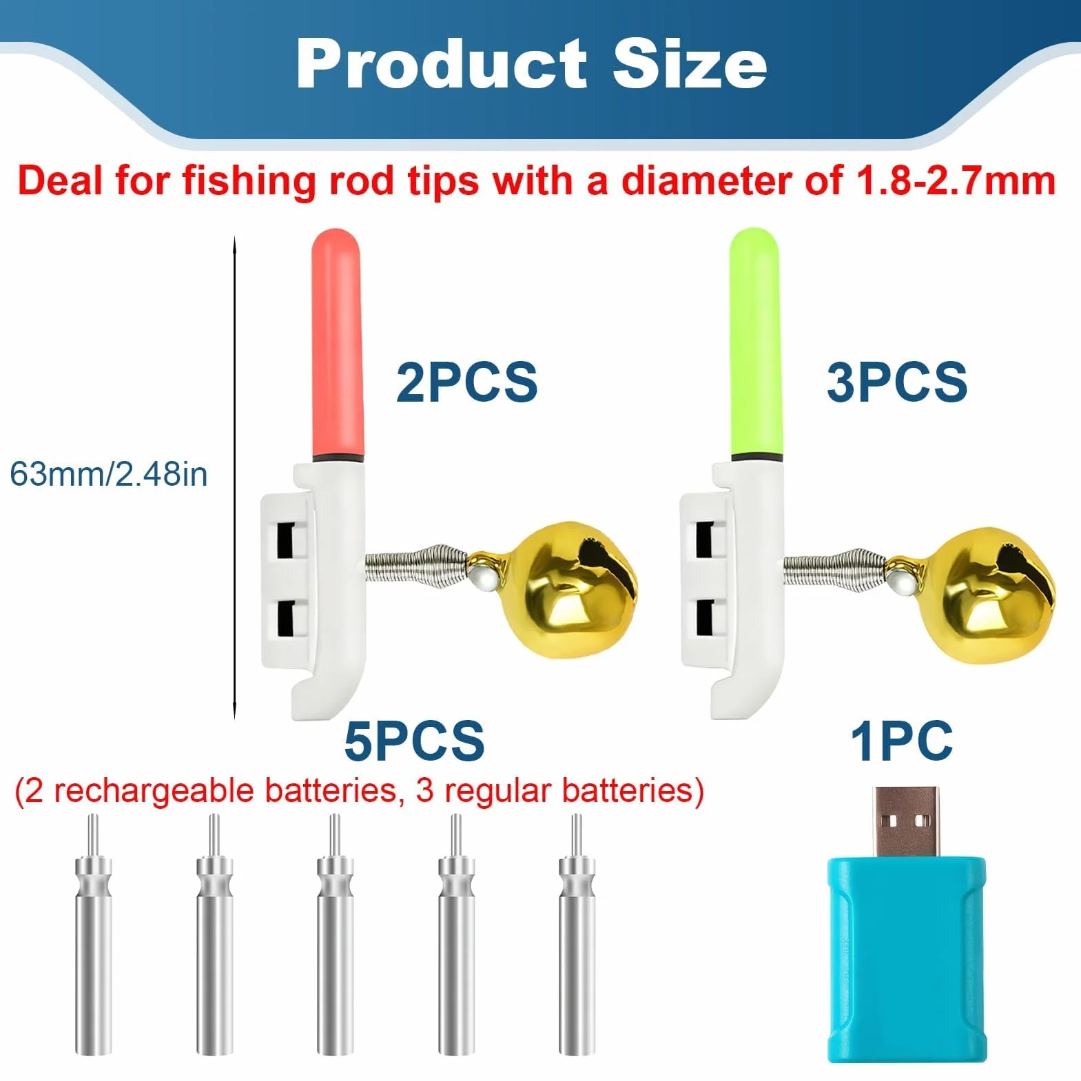 Lampes LED de pêche étanches avec alarme, indicateurs de touche pour canne, accessoire 5 pièces