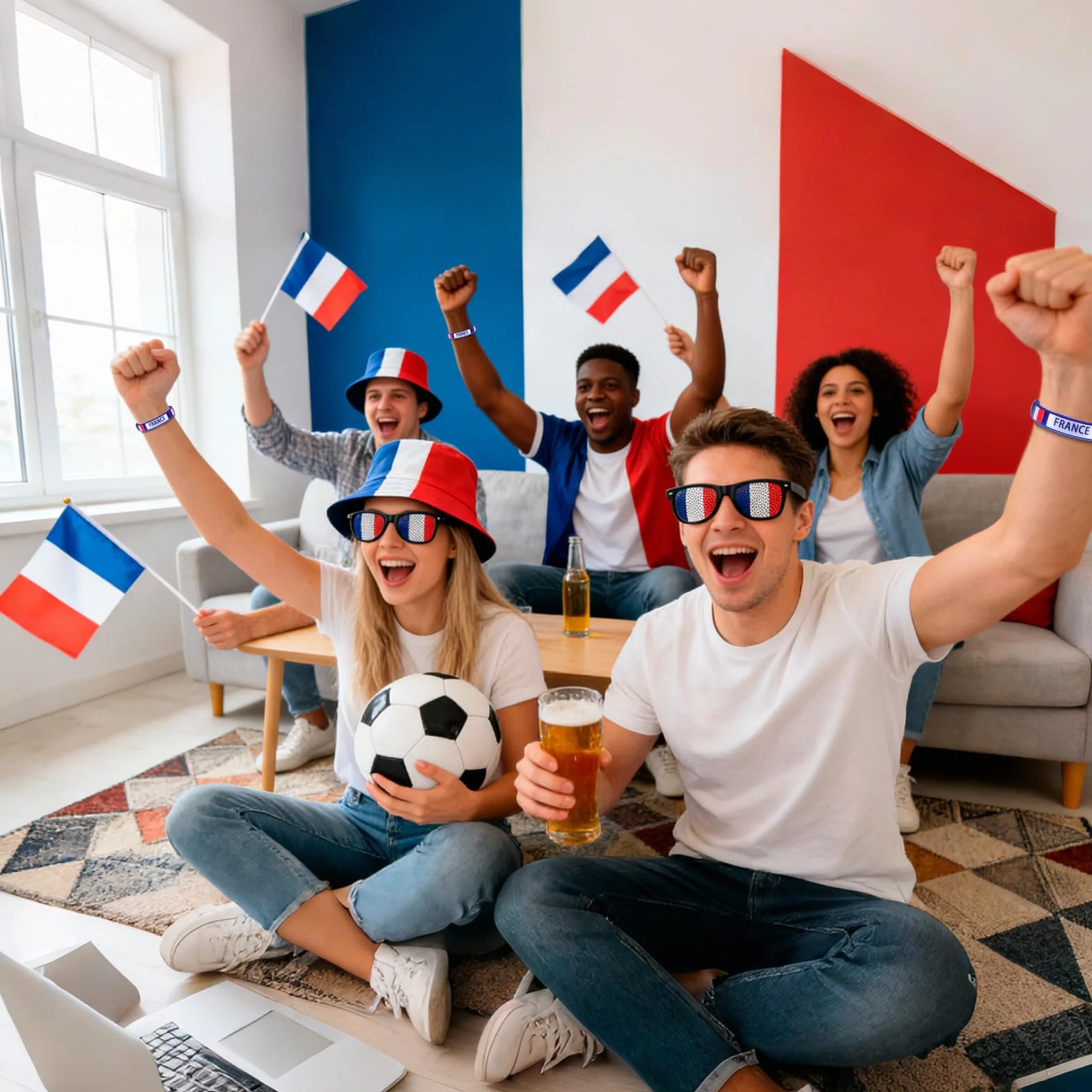 Kit Supporter France Football 6 Pièces Chapeau Pêcheur Polyester Lunettes Drapeau Pavillons Main Bracelet Tricolore