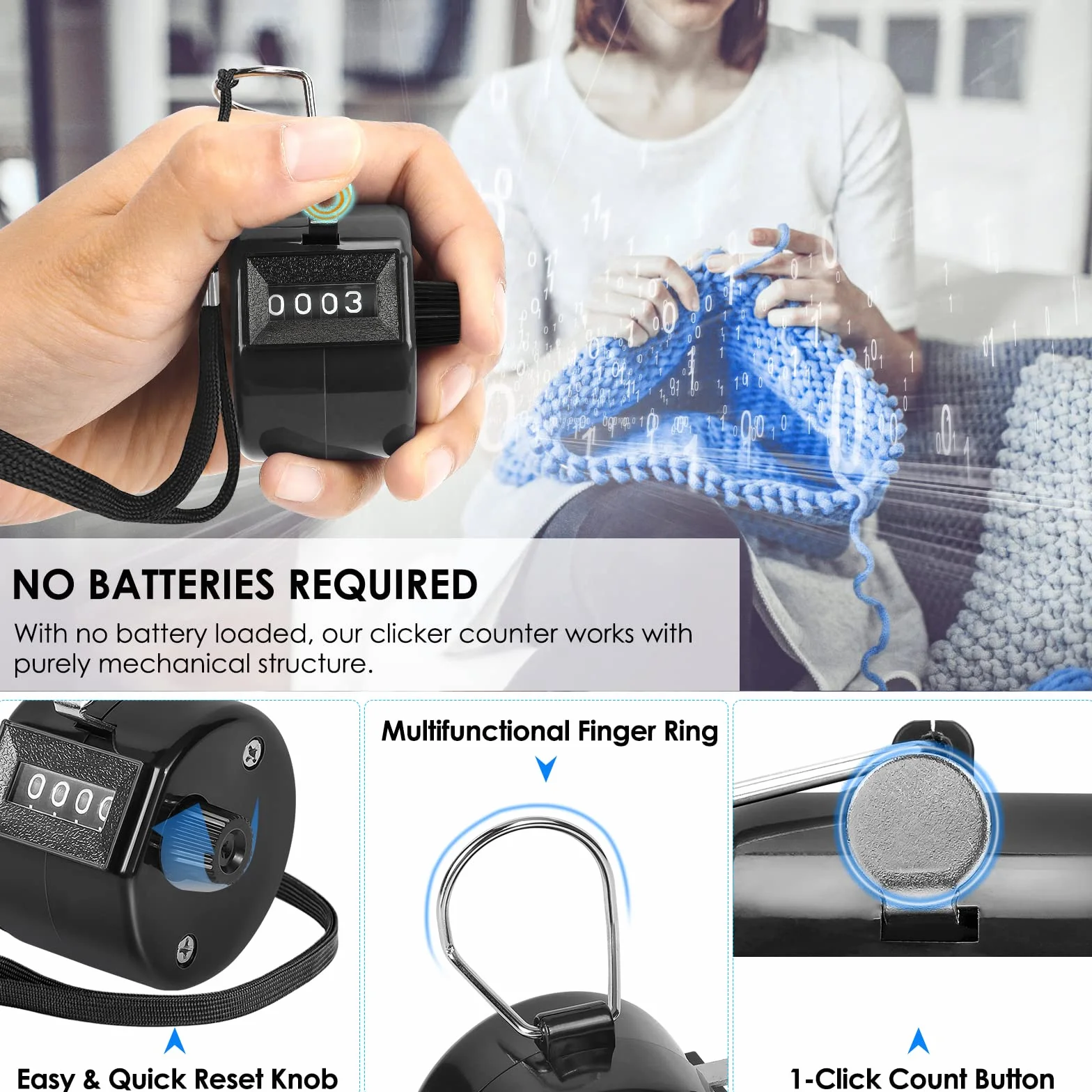 KTRIO Handheld Tally Counter 4-Digit Number Clicker for Coaching Knitting Golf
