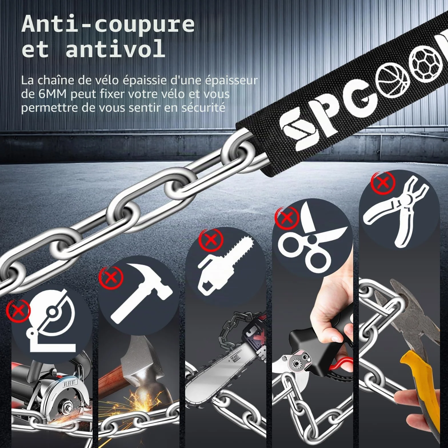 SPGOOD Antivol de Vélo 90 cm Chaîne Acier 6 mm avec 3 Clés Housse Étanche Haute Sécurité Vélo Électrique VTT Moto Noir