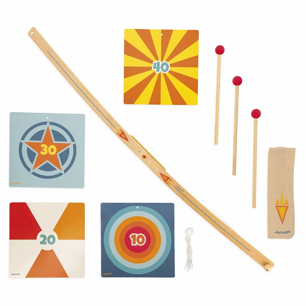 Janod Set Tir à l'arc en Bois Arc 3 Flèches Carquois 4 Cibles Jeu Plein Air Sport Dès 5 Ans