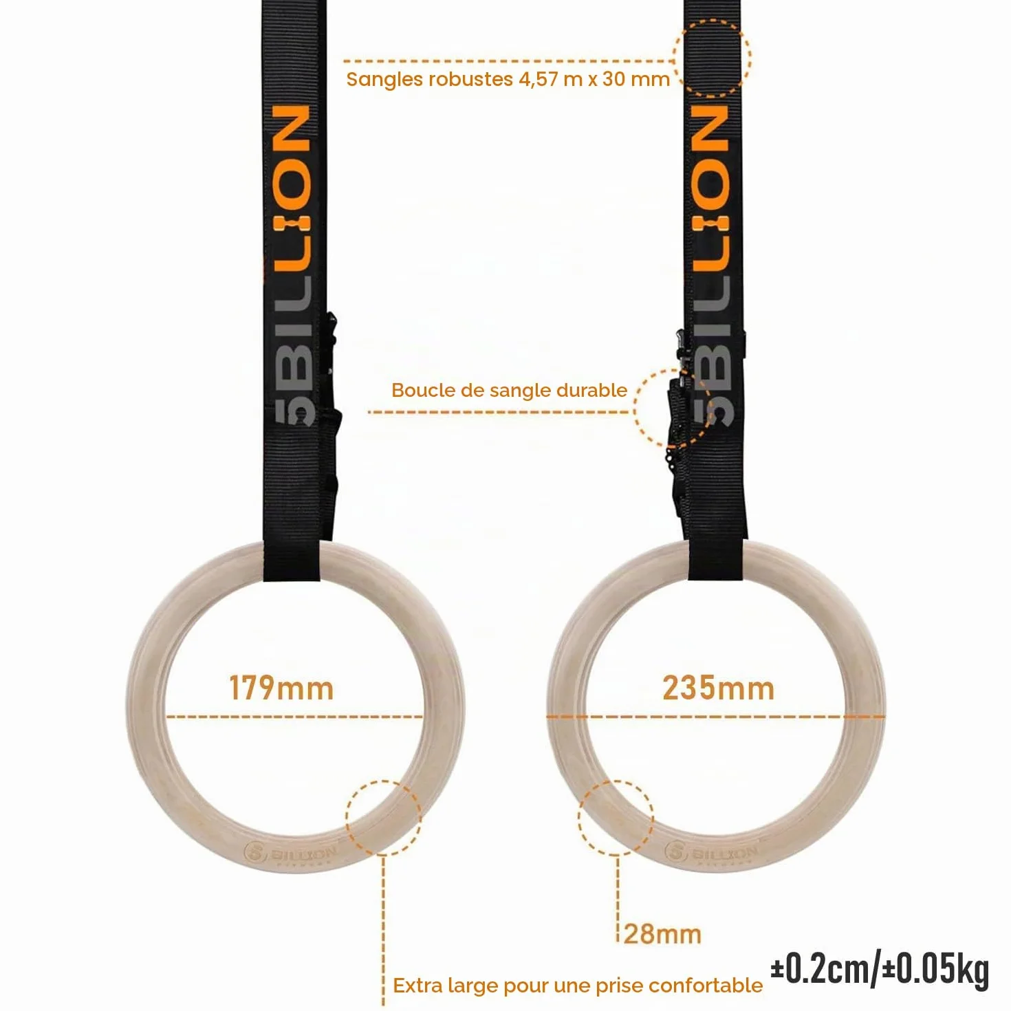 Anneaux Gymnastique en Bois 5BILLION - Diamètre 28mm/32mm Réglable pour Pull Up, Musculation, Home Gym