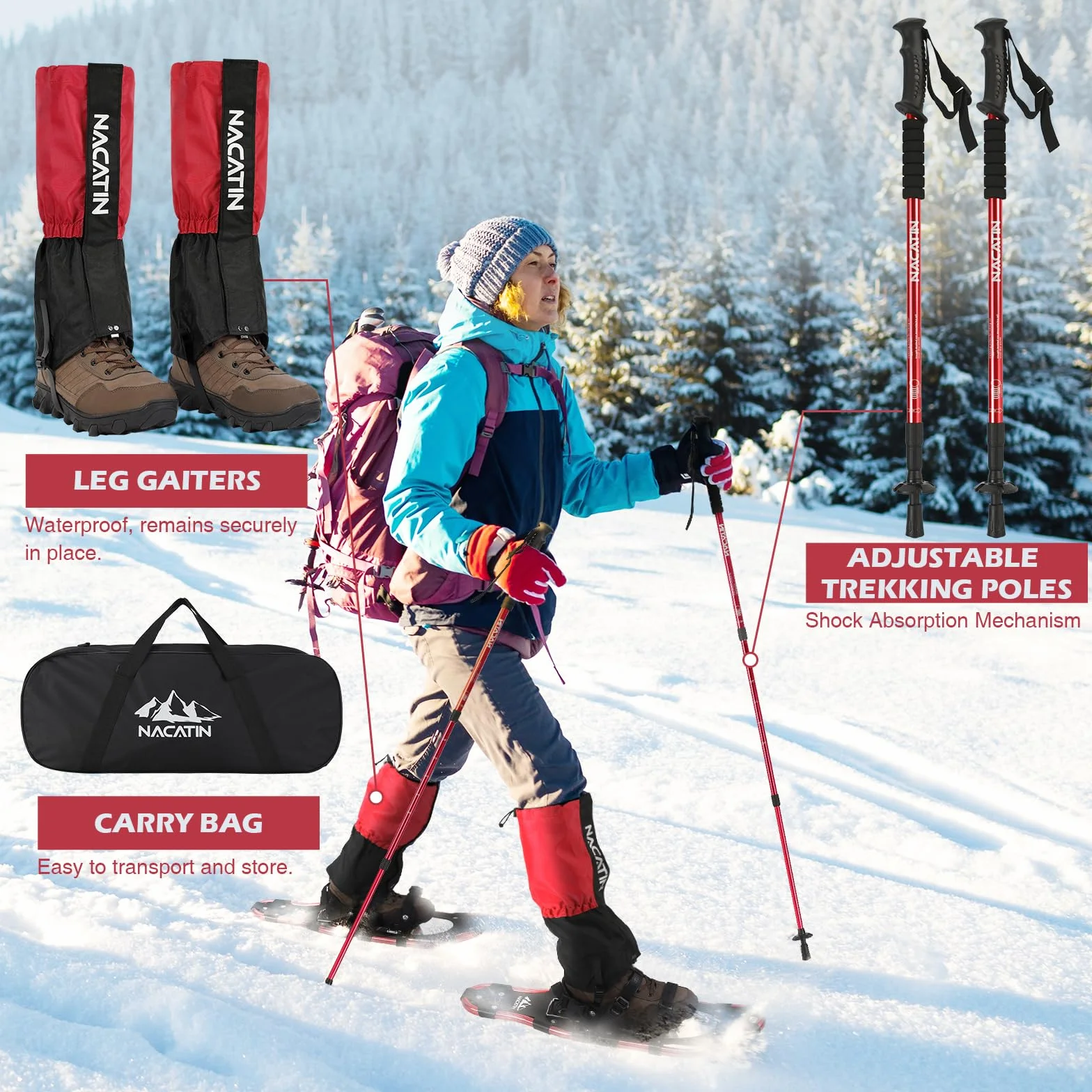 Raquettes à Neige 4 en 1 Aluminium Légères avec Bâtons Réglables Guêtres Imperméables Sac de Transport 53cm 63cm 76cm