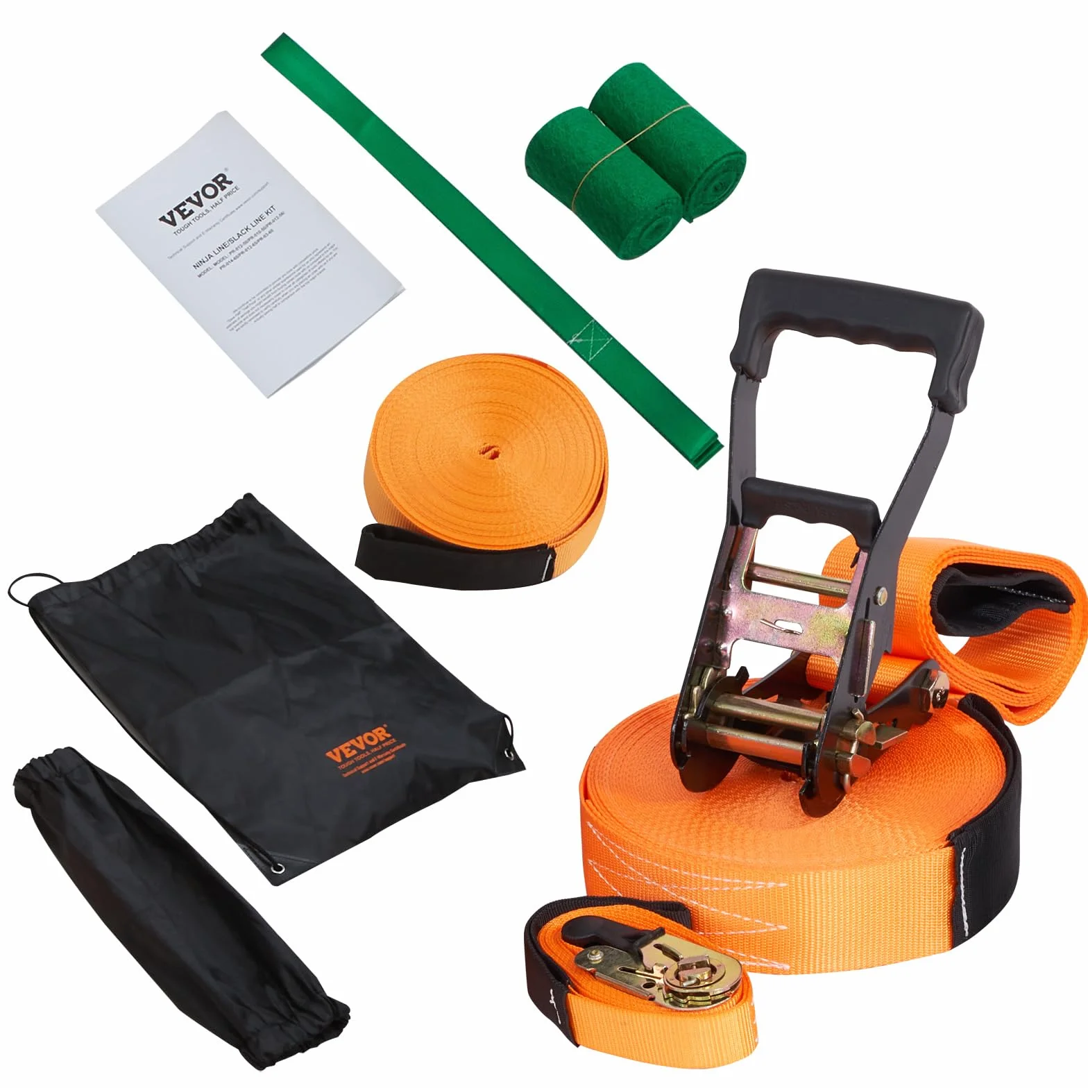 VEVOR Slackline 18,3 m Sangle d'Équilibre 226,8 kg Jeu Complet avec Protecteur d'Arbres