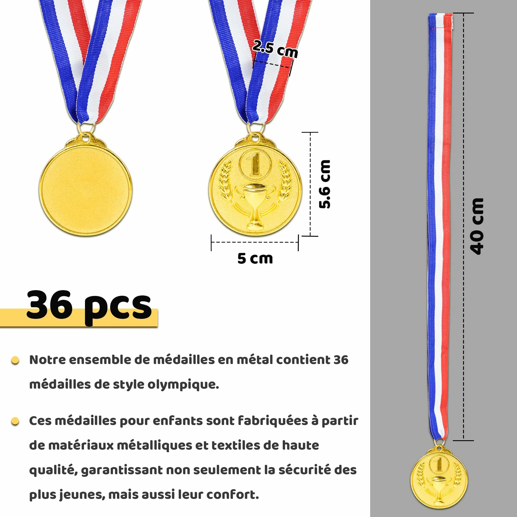 Brelet Médailles de Récompense en Métal doré avec Ruban 36 Pcs pour Compétition Sportive