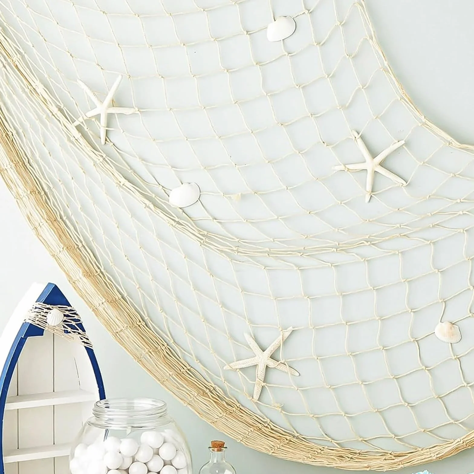 Filet de pêche décoratif 200 x 100 cm en coton naturel style méditerranéen nautique