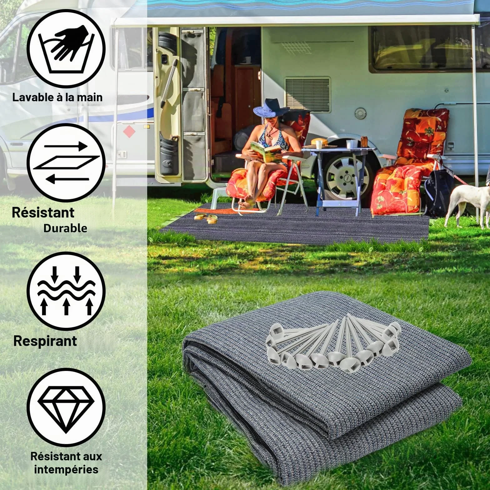 Tapis d'auvent Respirant Antidérapant Lavable pour Camping avec Piquets et Sac de Transport