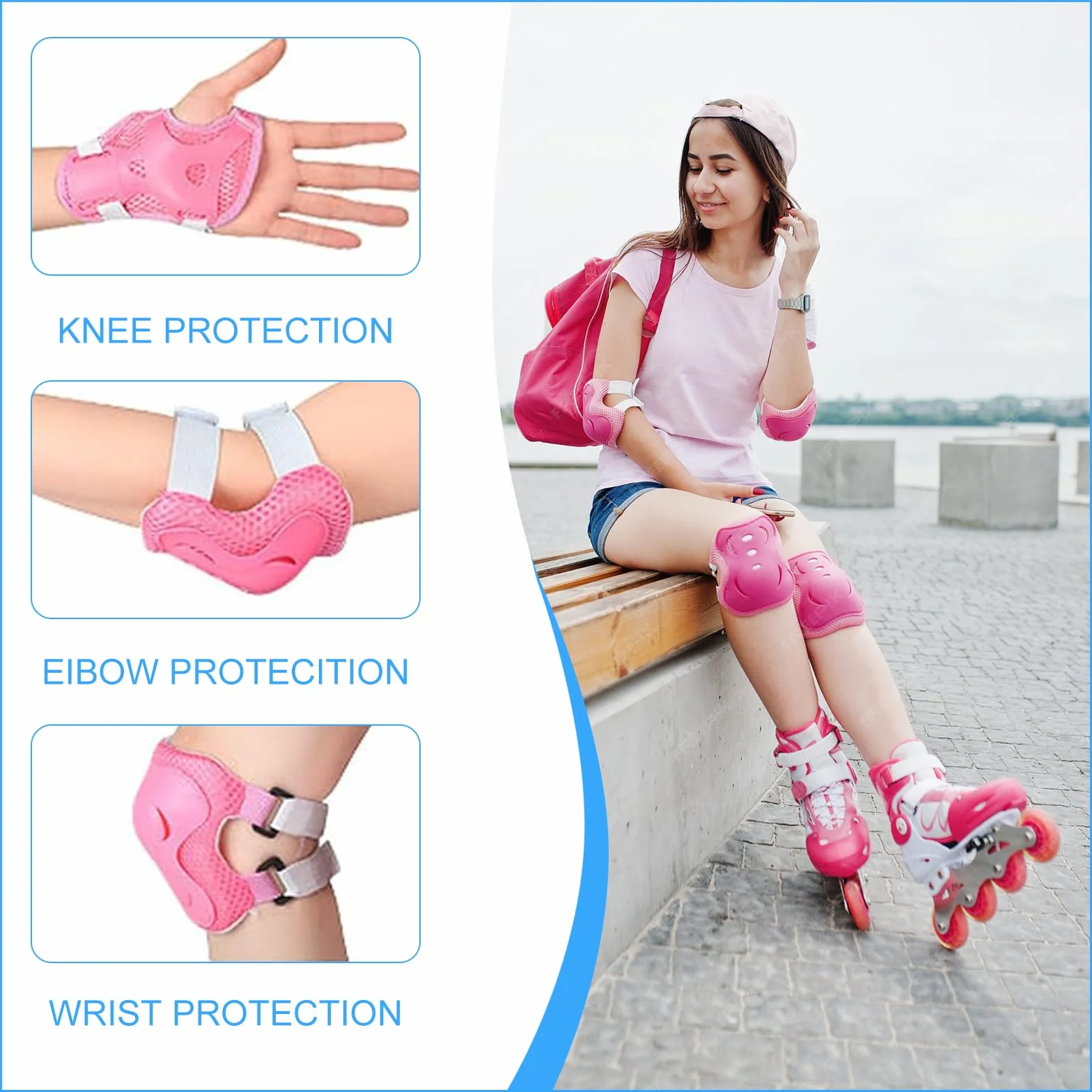 Kit de Protection Enfant 6 Pièces Réglable 3-12 Ans Roller Vélo Skateboard Rose