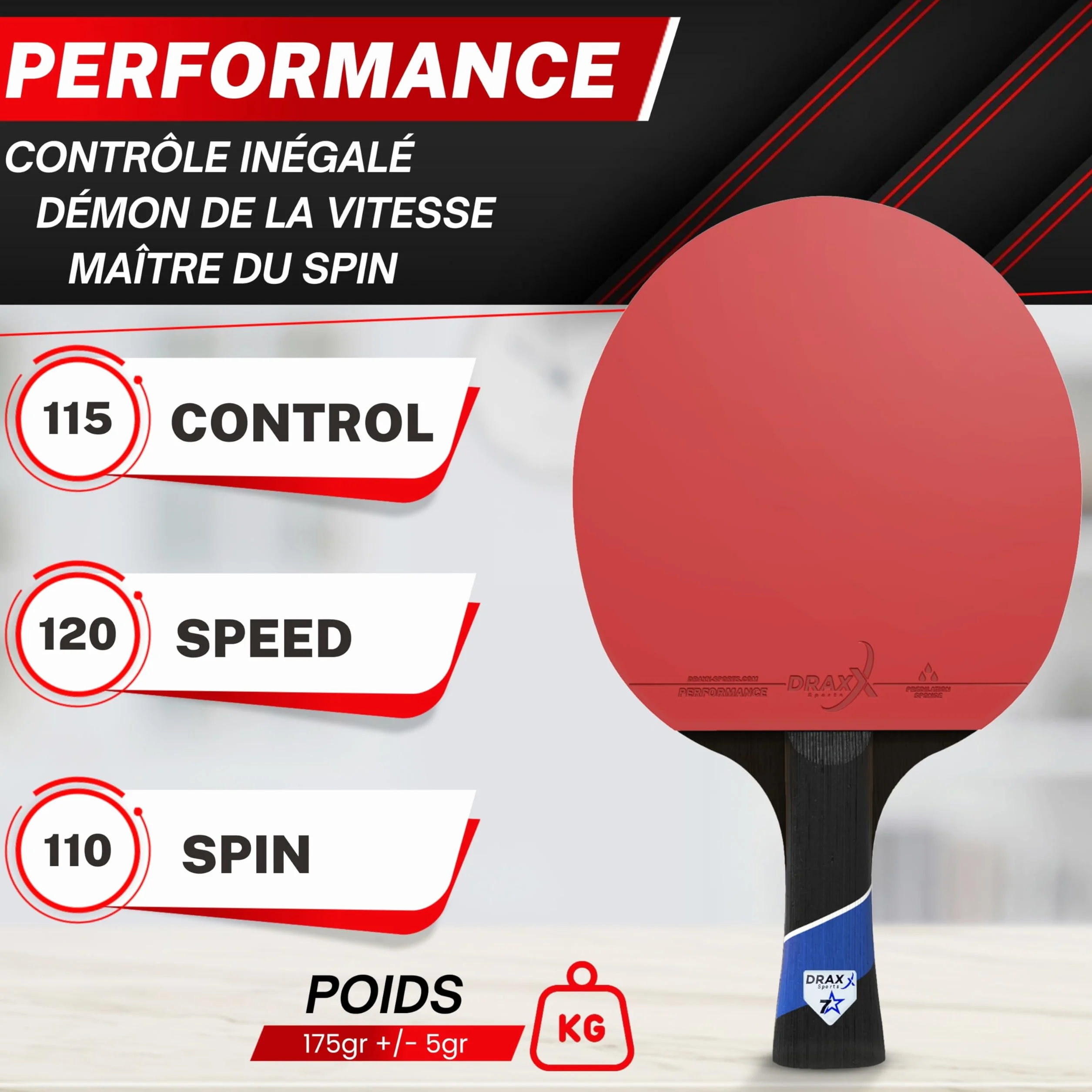 Raquette de Ping Pong 7 Étoiles Carbone Pro Ultra-Légère Éponge 2mm Housse Offerte