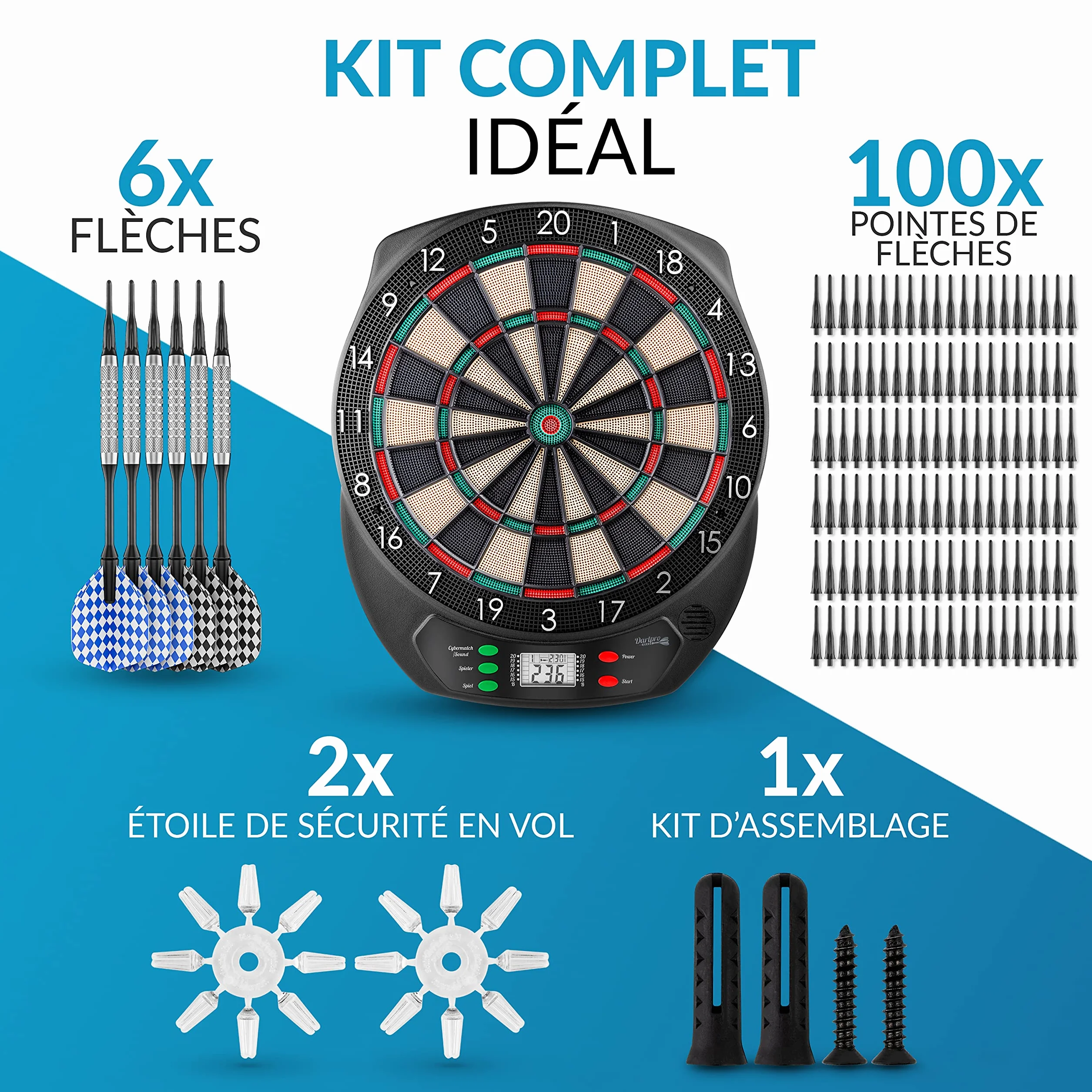 DartPro Cible de fléchettes électronique sans fil avec 6 fléchettes pour 1-8 joueurs