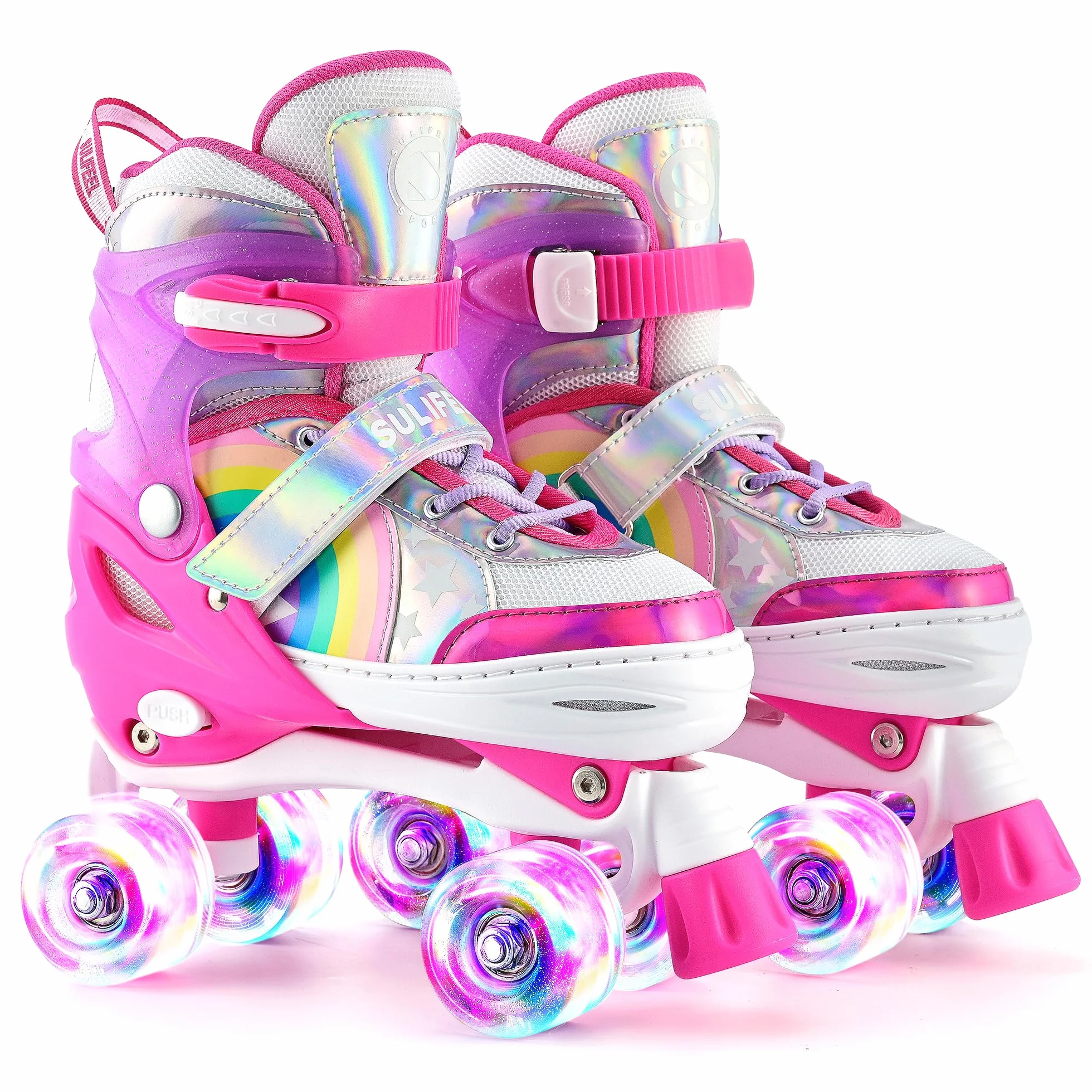 SULIFEEL Rainbow Unicorn Roller Skates Patins à roulettes Réglable Roues LED, Rollers Quad Enfants Femmes