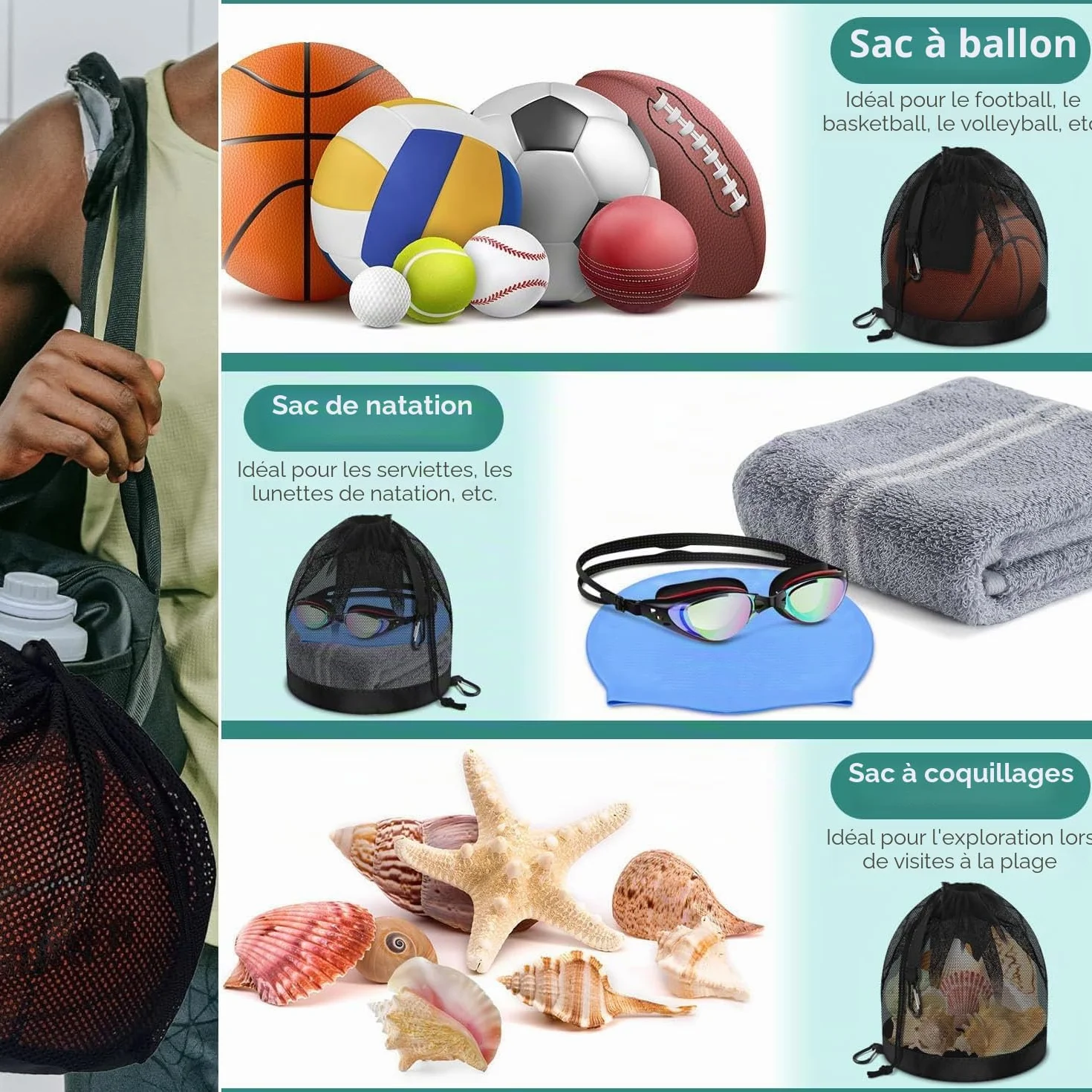 Sac de basket-ball avec cordon de serrage filet de basket-ball football tennis volley-ball