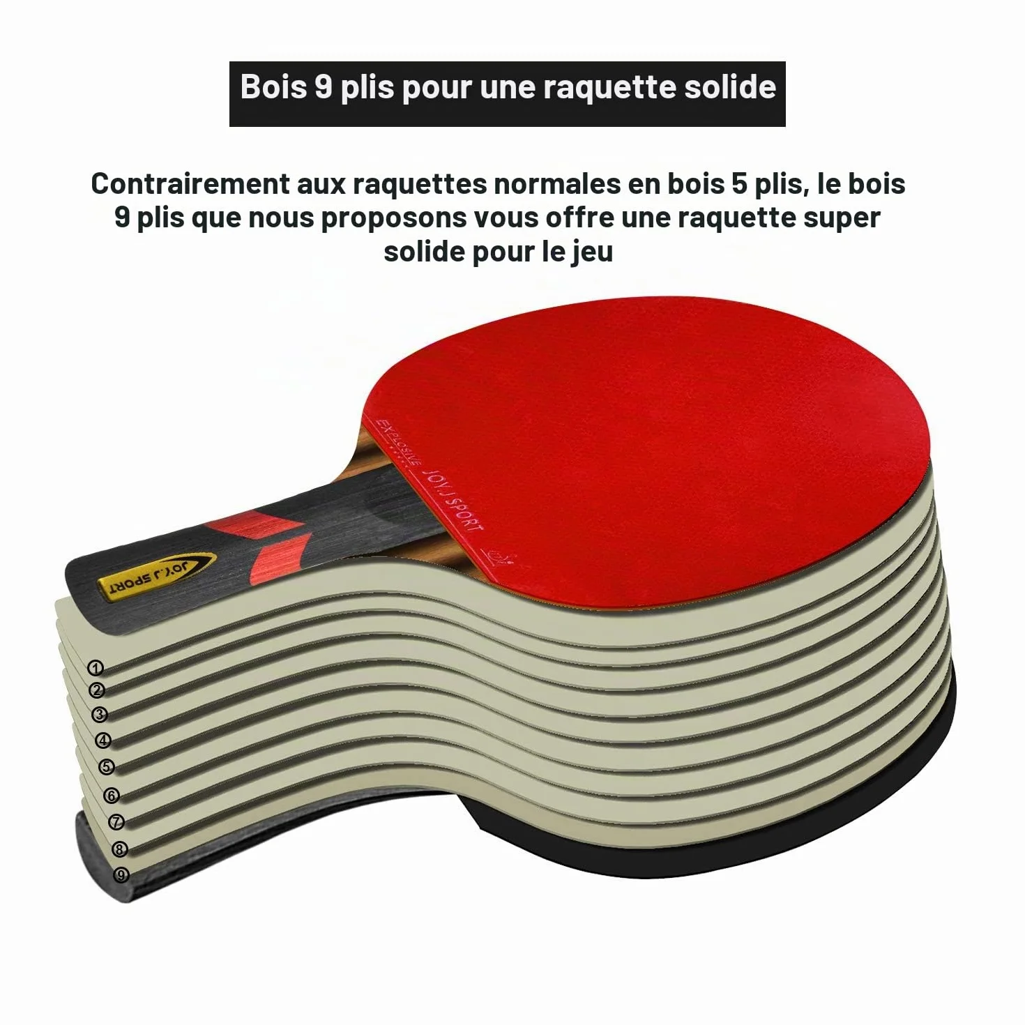 Raquette de tennis de table professionnelle en bois 9 plis approuvée ITTF avec sac de rangement