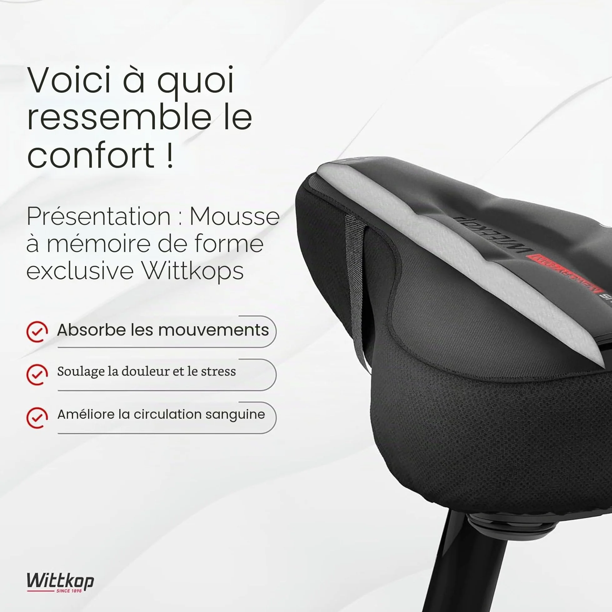 WITTKOP Coussin de Selle de Vélo en Mousse à Mémoire de Forme Ergonomique à 3 Zones