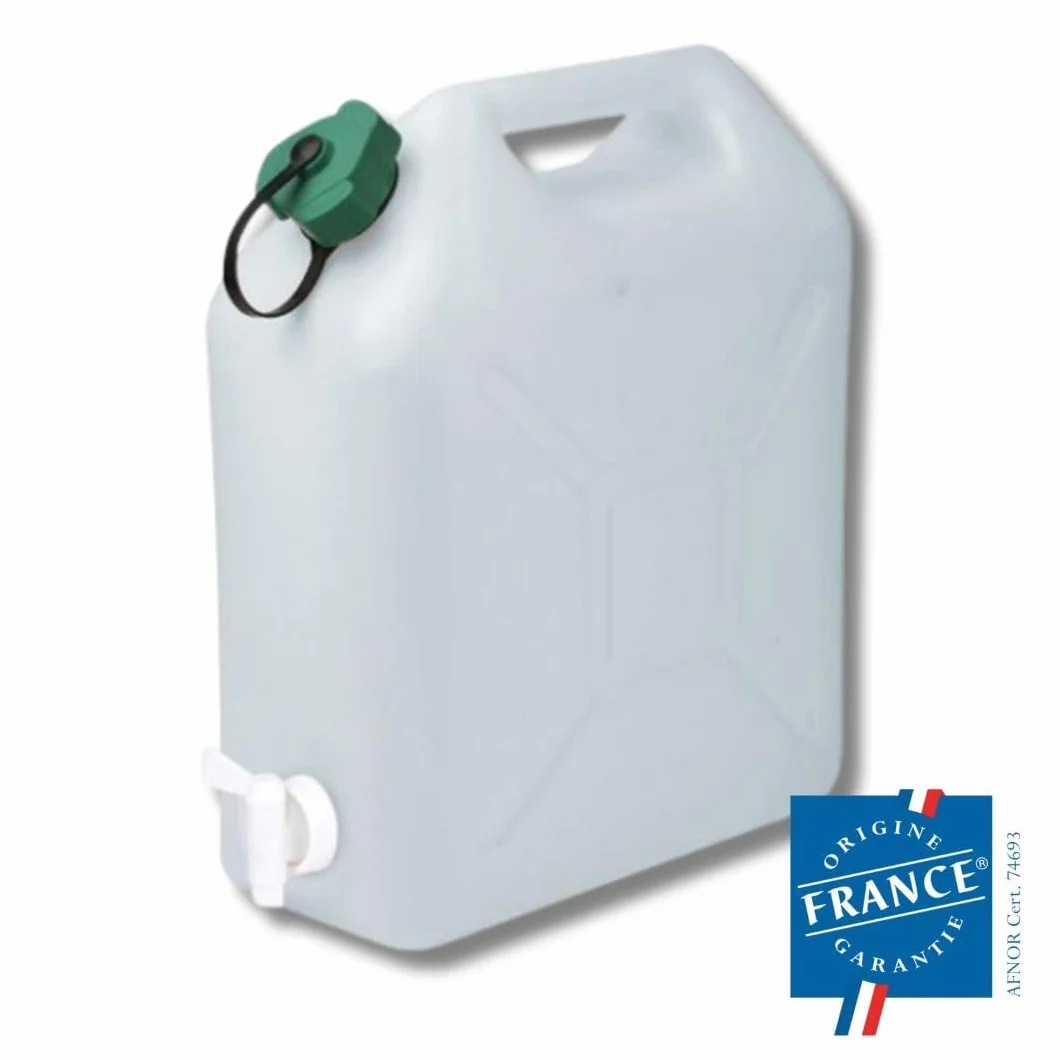 Bidon à Eau 10 L Jerrican Extra Fort avec Bouchon Simple et Robinet Certifié Contact Alimentaire 29 x 14 x 35 cm Naturel