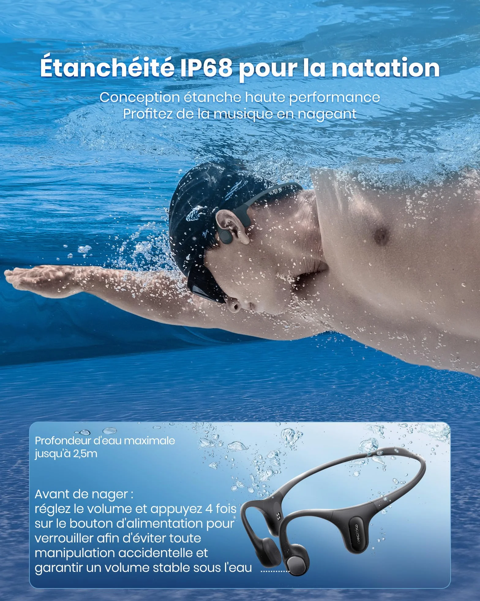 Mojawa Run Plus Casque à Conduction Osseuse Natation IP68 Écouteurs MP3 32 Go Bluetooth 5.2 Gris