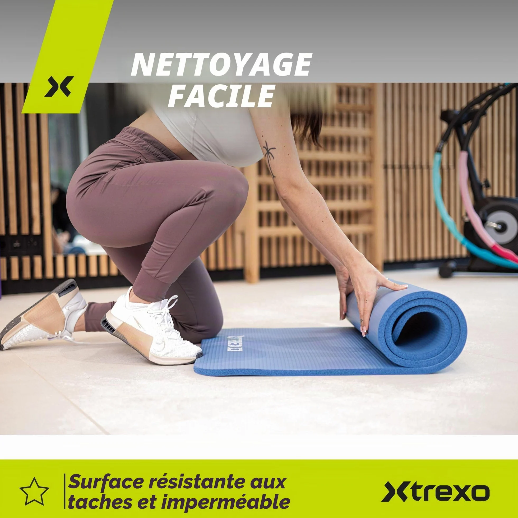 TREXO Tapis d'Exercice en NBR 183 x 61 cm 15 mm Épaisseur Antidérapant avec Sangle