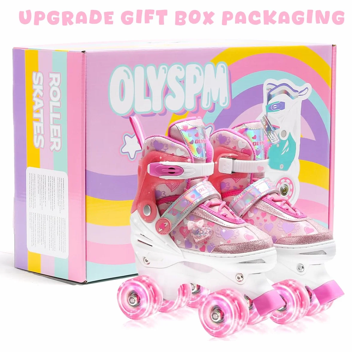 Patin à Roulettes Fille avec 8 Roues Lumineuses, 4 Tailles Réglables, Motif Cœurs