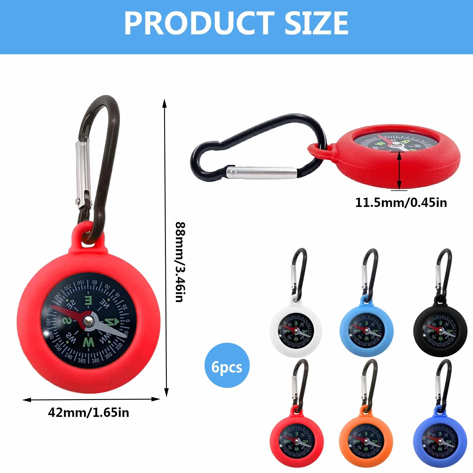 Boussole 2 en 1 avec Mousqueton 6 Pièces, Mini Boussole de Camping Multicolore pour Randonnée Enfants, Porte-Clés Étanche