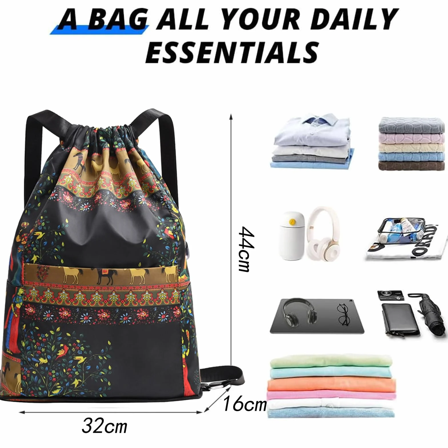 Sac de Sport à Cordon Grand, Sac à Dos de Voyage Imperméable Pliable avec Séparation Sec-Humide