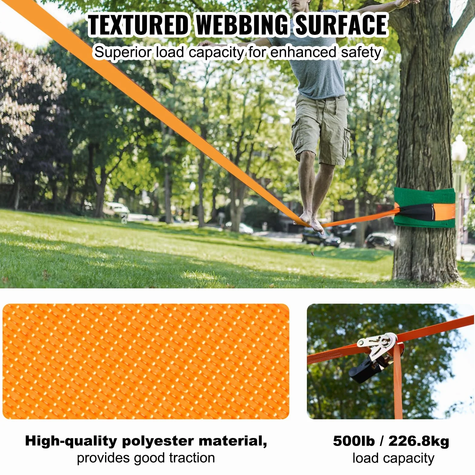 VEVOR Slackline 18,3 m Sangle d'Équilibre 226,8 kg Jeu Complet avec Protecteur d'Arbres