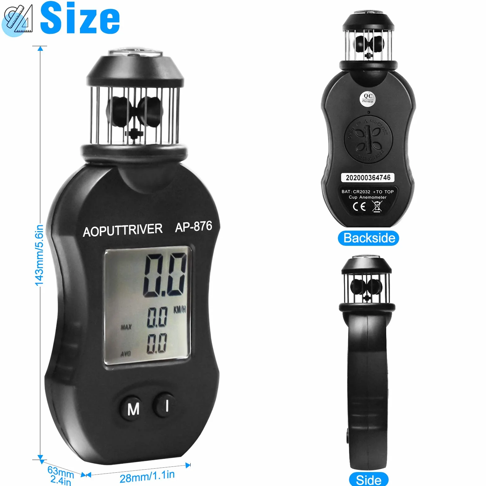 Anémomètre Numérique AP-876 Portable Compteur de Vitesse du Vent pour HVAC