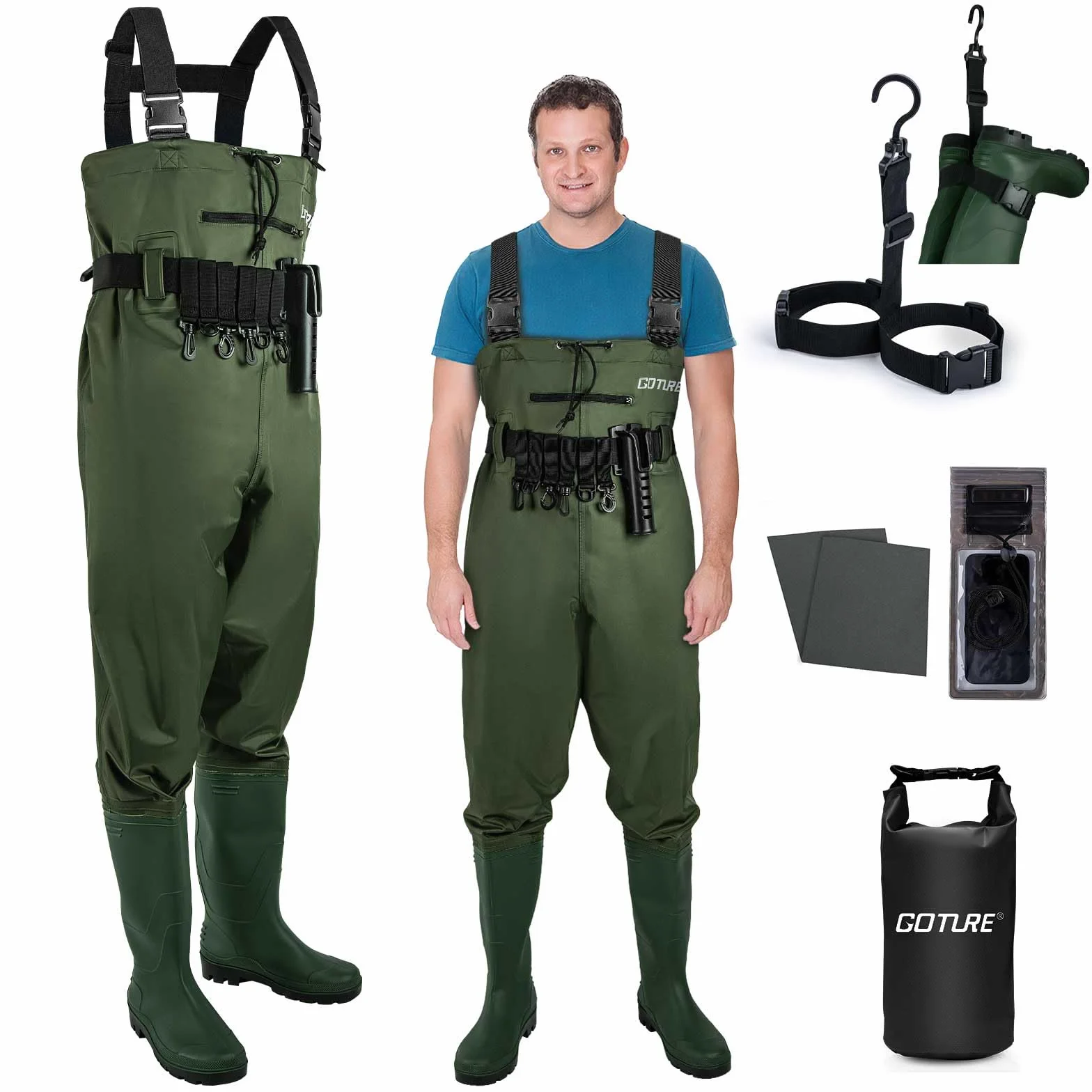 Goture Waders Pêche Homme 70D Nylon étanches avec Poche, Vert