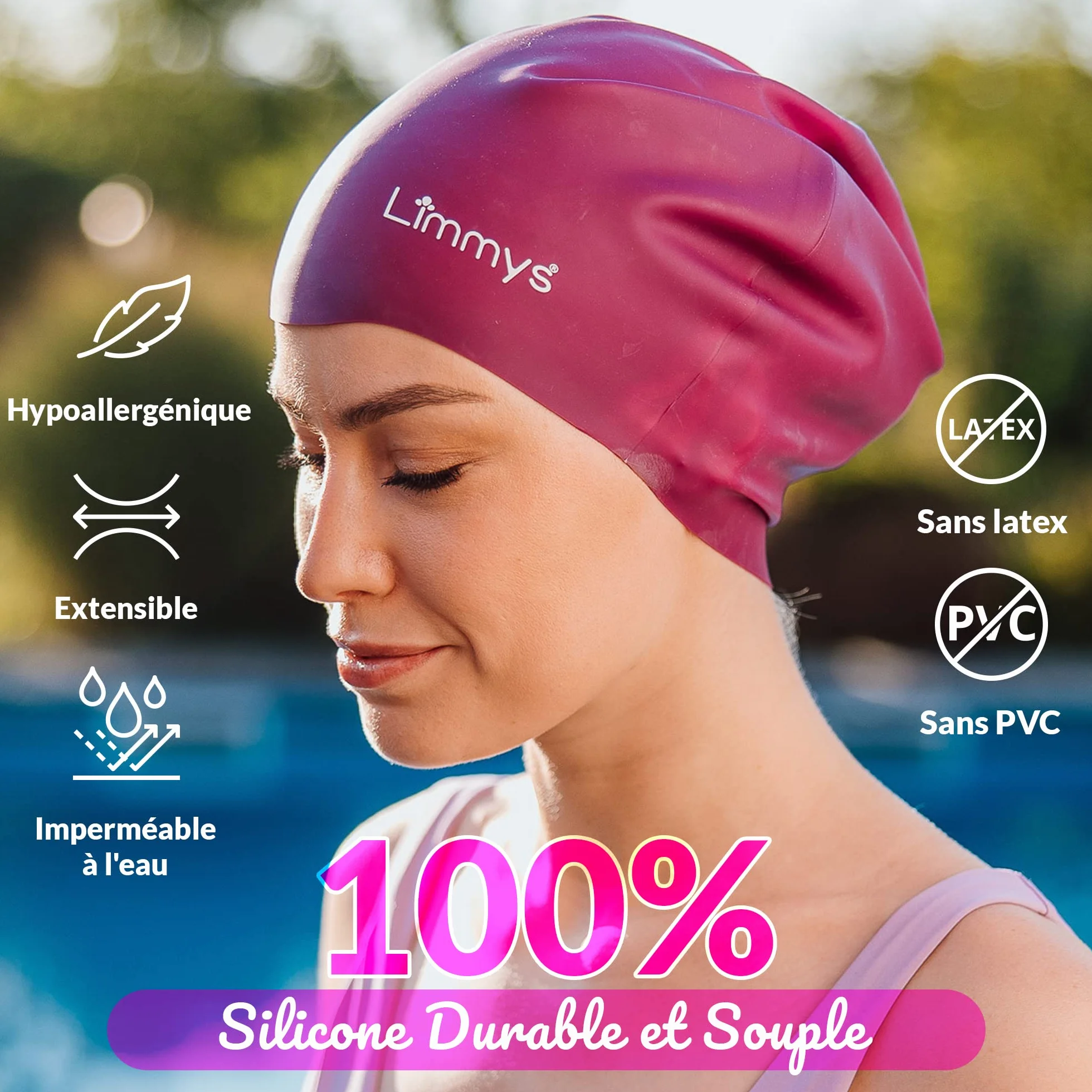 Limmys Bonnet de bain cheveux longs silicone extensible sans latex antidérapant