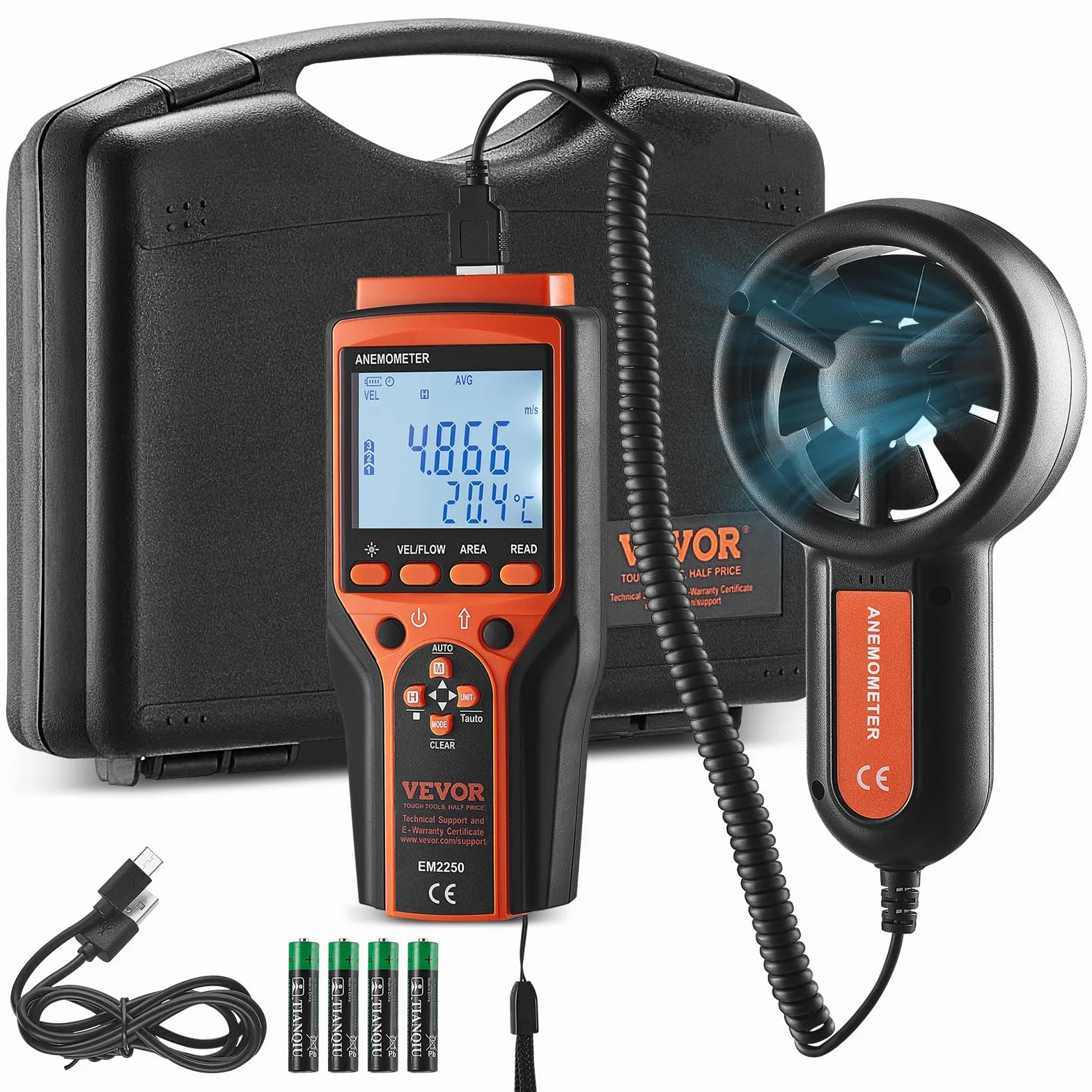VEVOR Anémomètre Portable -10℃ à 60℃ Numérique Vitesse du Vent CFM Mesure Température Flux d'Air Refroidissement Éolien Écran Rétroéclairé LED