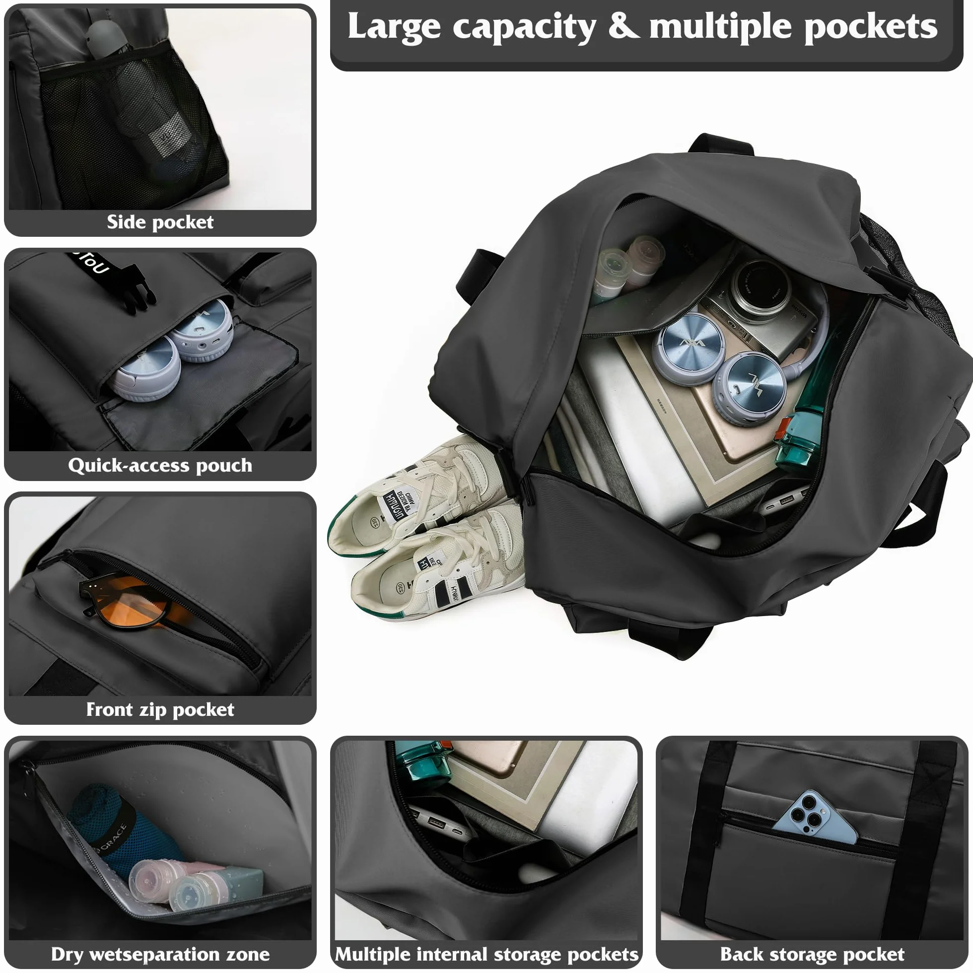 Sac de Sport Femme Homme avec Compartiment à Chaussures, Sac de Voyage Imperméable Noir
