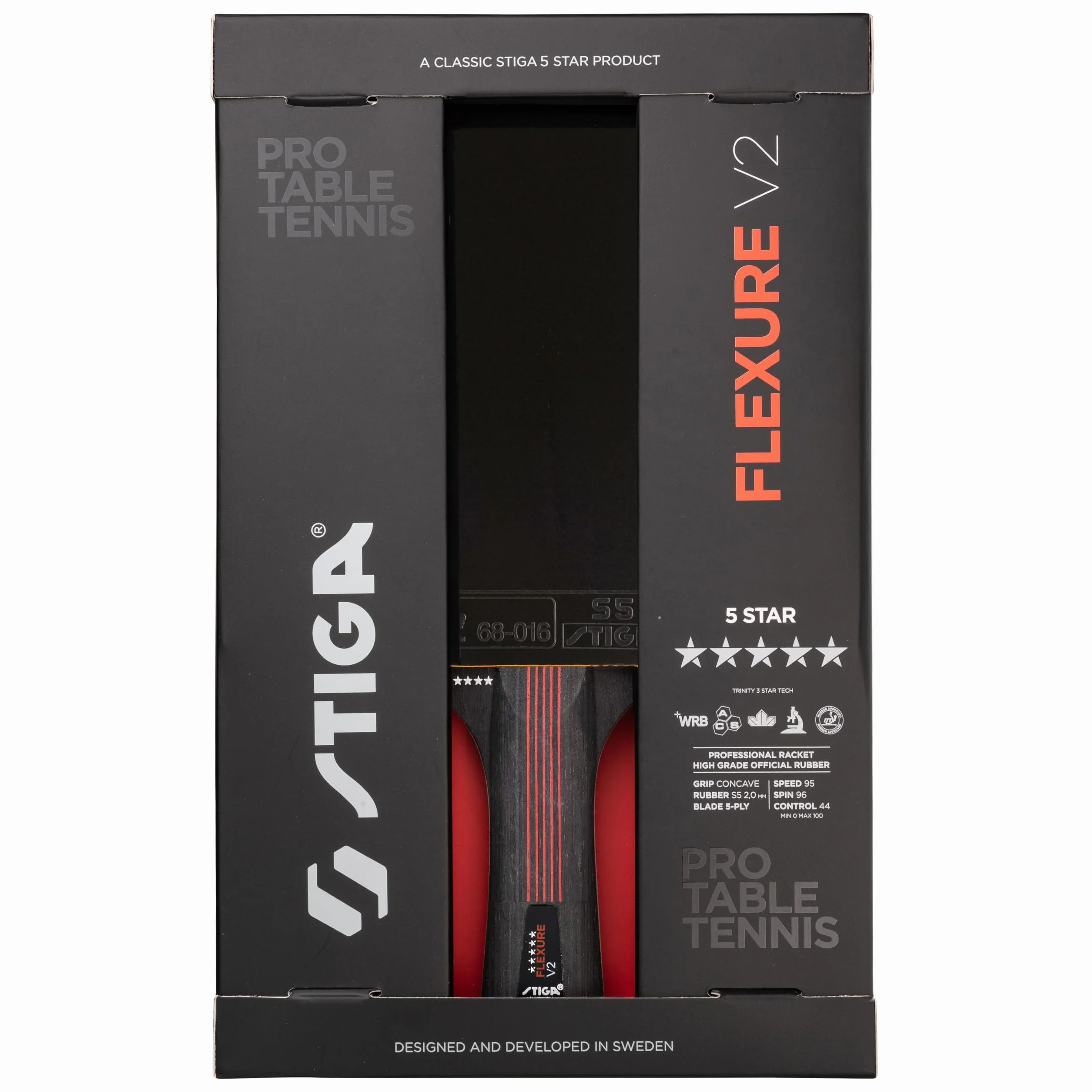 STIGA Flexure V2 Raquette de Ping-Pong 5 étoiles Revêtements STAR5 ITTF Prise Ergonomique