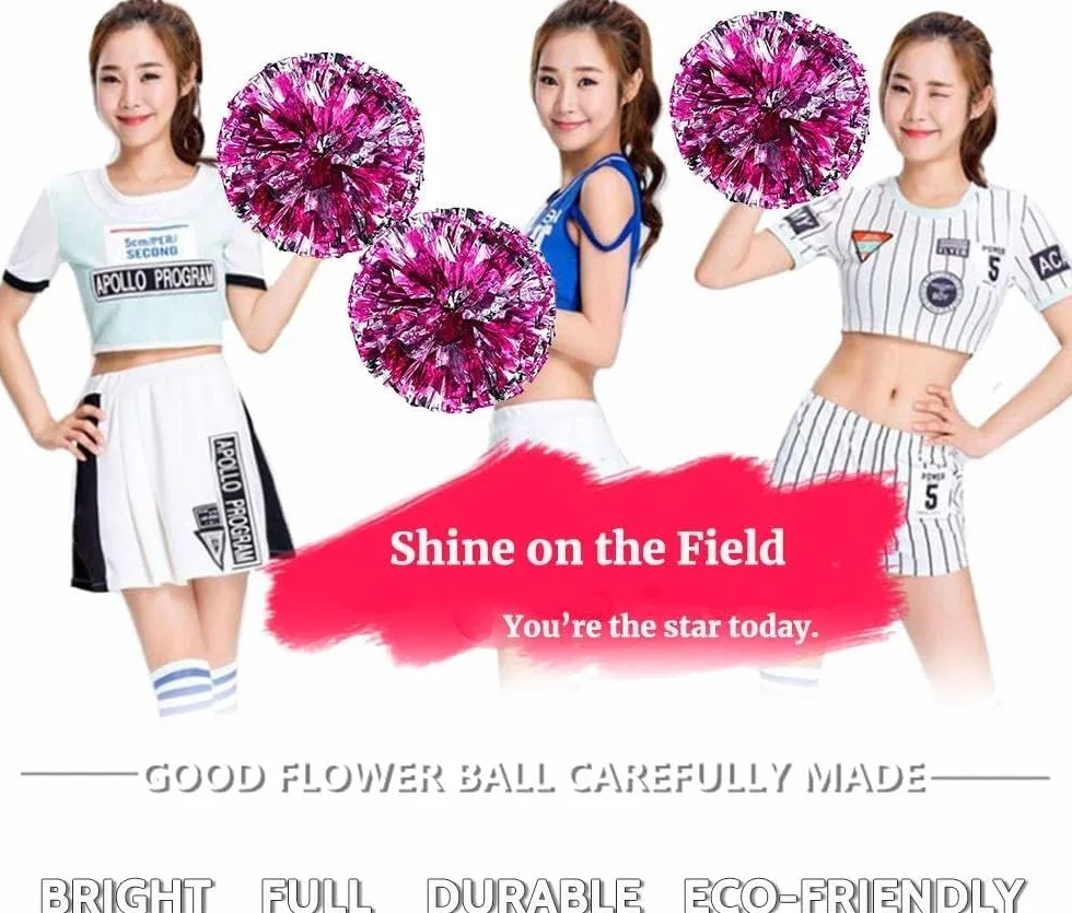 Lot de 2 Pompons Pom-pom Girl Métallisée avec Poignées pour Compétition Sportive, Danse, Cheers