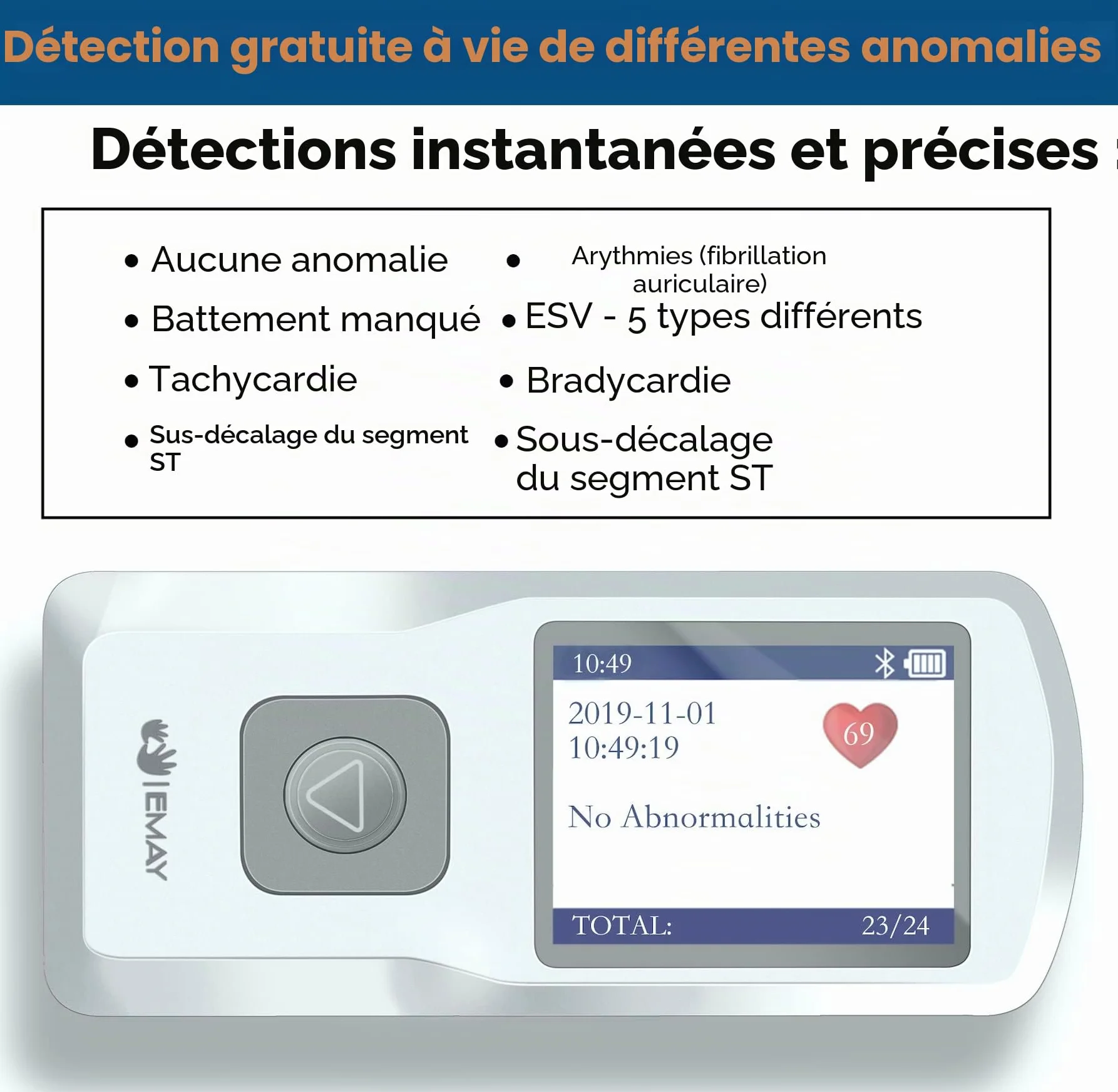 EMAY Bluetooth Moniteur ECG Portable EMG-20 sans Fil Mobile Electrocardiographe