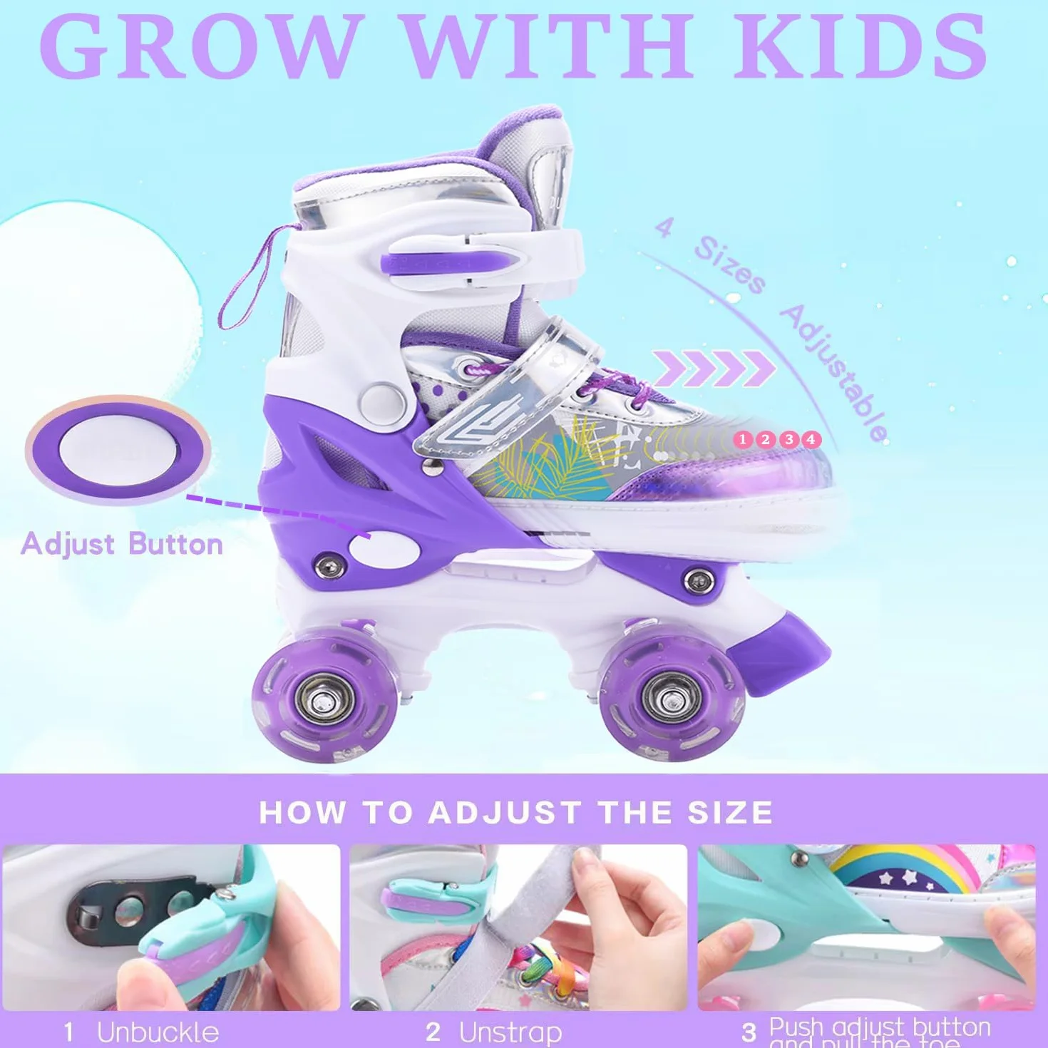 ERNAN Roller Enfant 4 Taille Réglable 8 Roues Lumineuses Patins à Roulettes Débutants