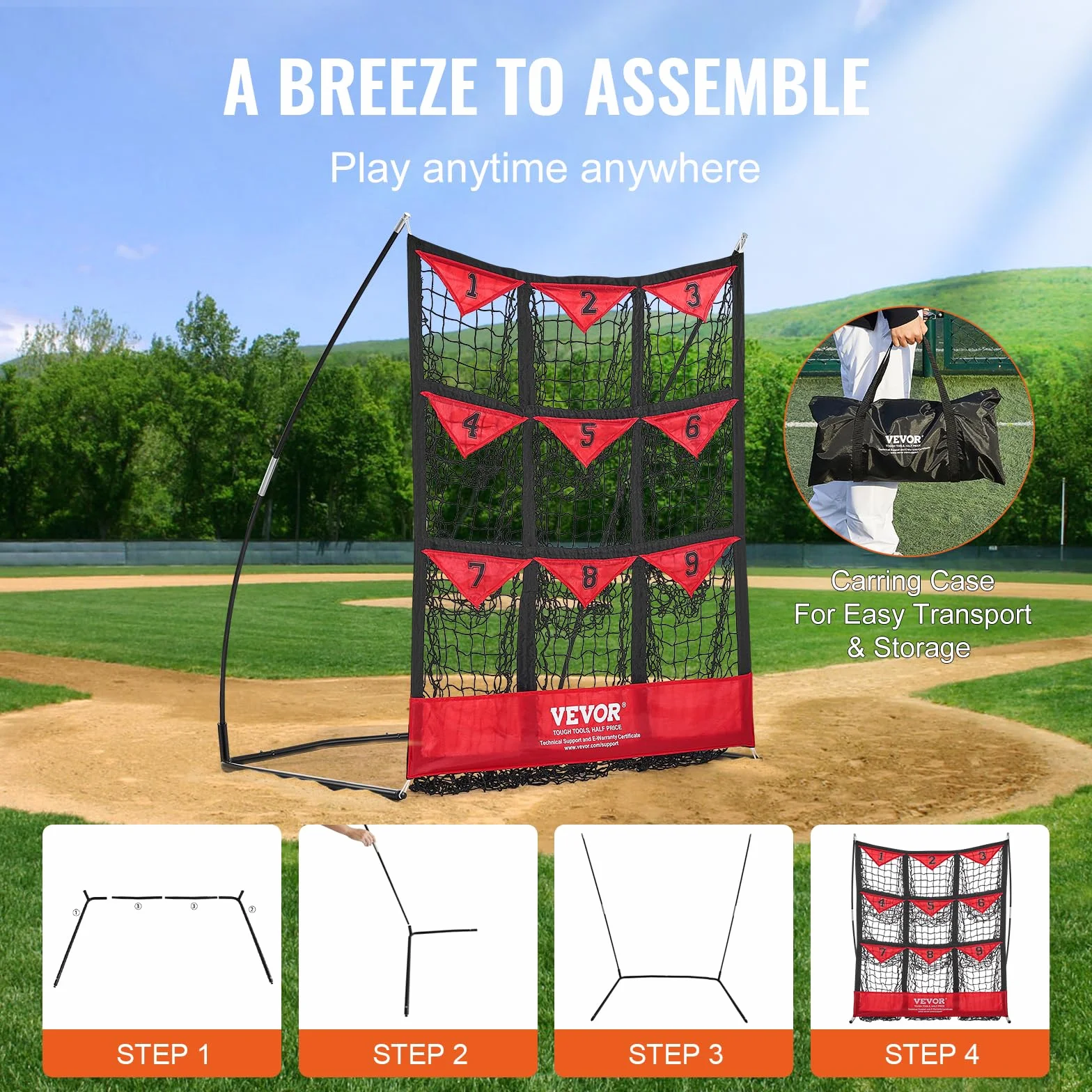 VEVOR Filet d'Entraînement Baseball Softball Pickleball 9 Trous 124,5 x 106 cm Portable avec Sac de Transport