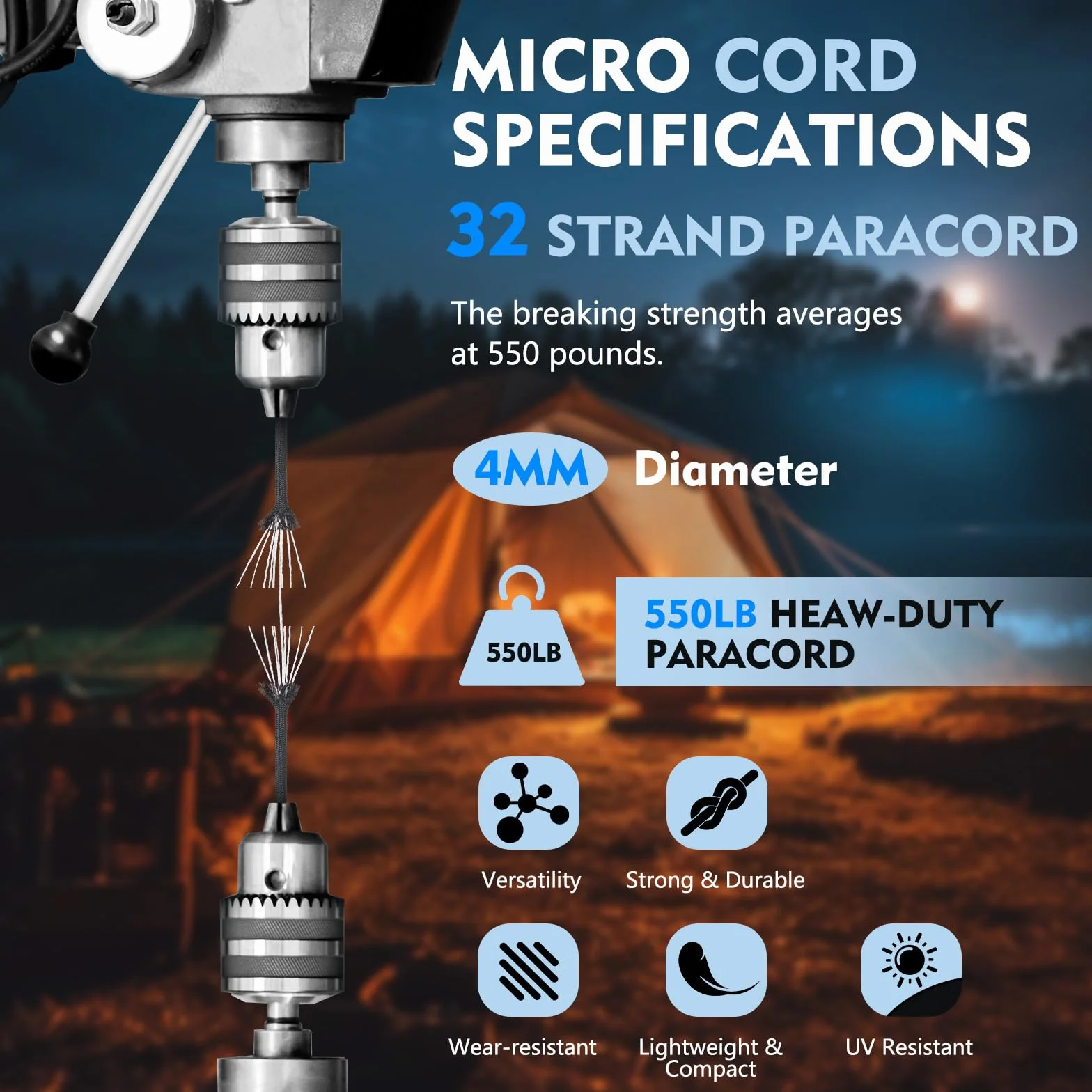 Romon Paracorde 4mm 550 9 Brins Nylon Tente Rope Survie Extérieur 250kg Charge Rupture Noir 50m