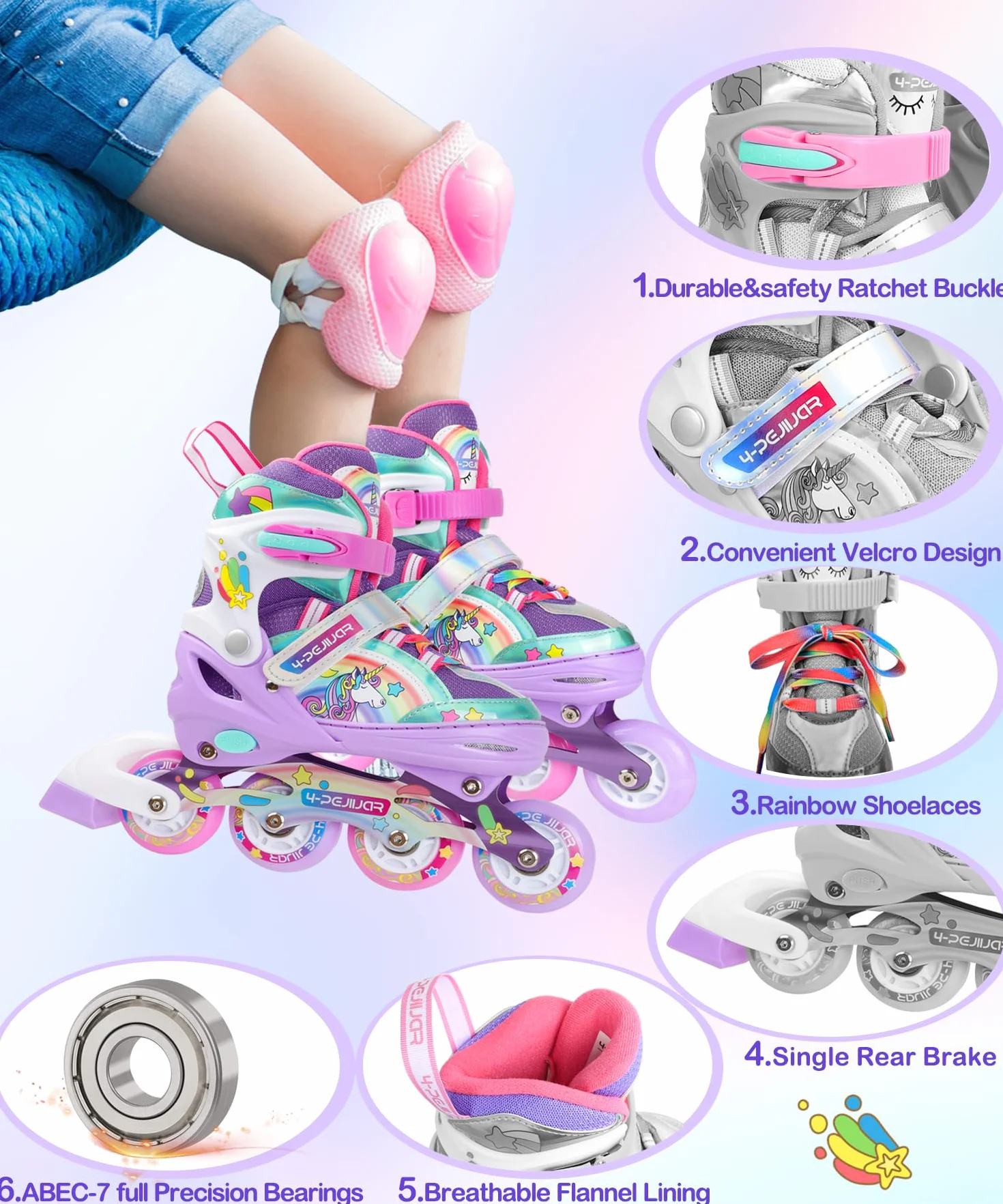Licorne Rollers Enfant Roues Lumineux Patins à Roulettes Alignées Taille Ajustable Quad Filles Débutants